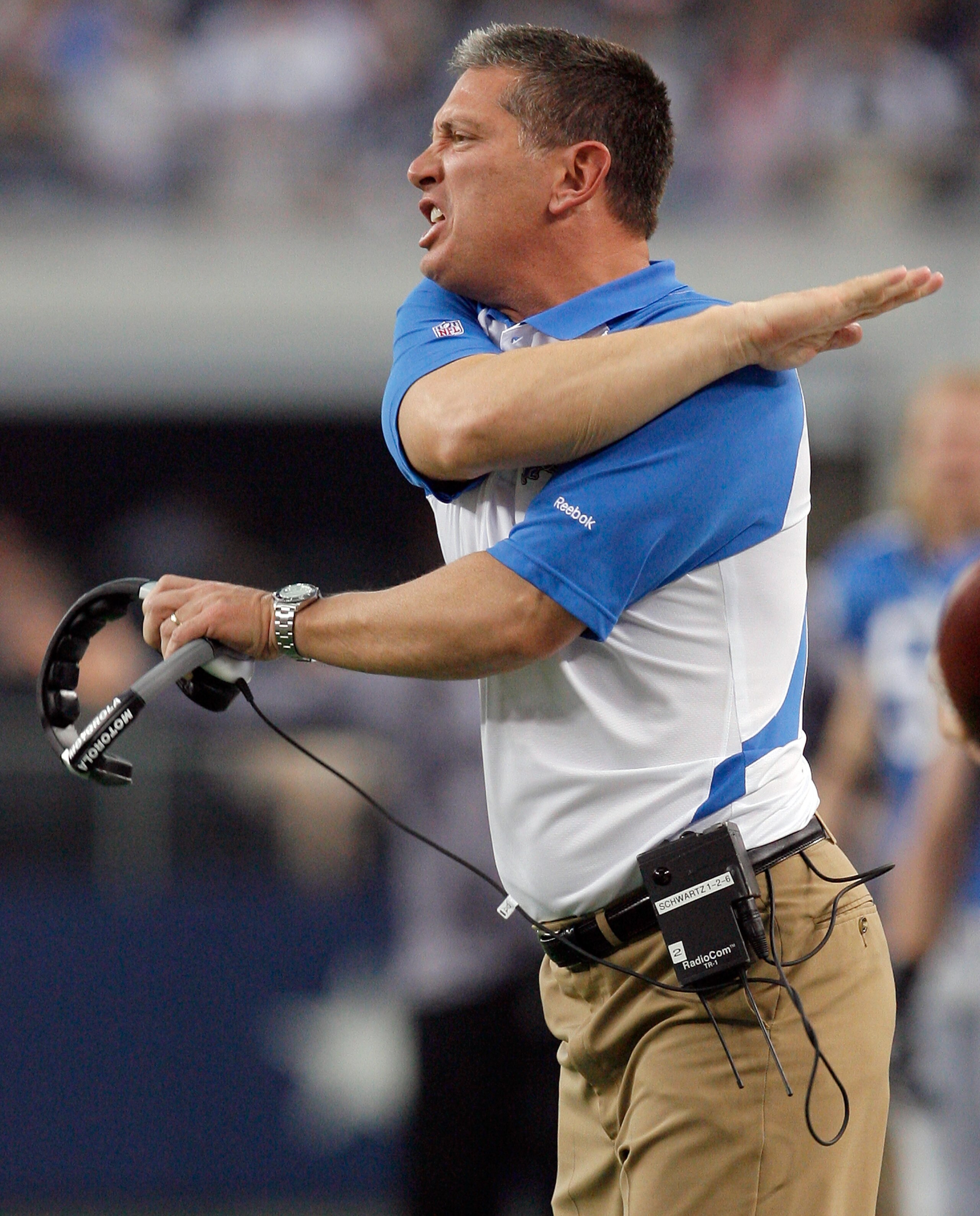 ARLINGTON, TX - NOVEMBER 21:  Head coach Jim Schwartz of the Detroit Lions reacts to a call from the officials while taking on the Dallas Cowboys at Cowboys Stadium on November 21, 2010 in Arlington, Texas.  The Cowboys beat the Lions 35-19.  (Photo by To