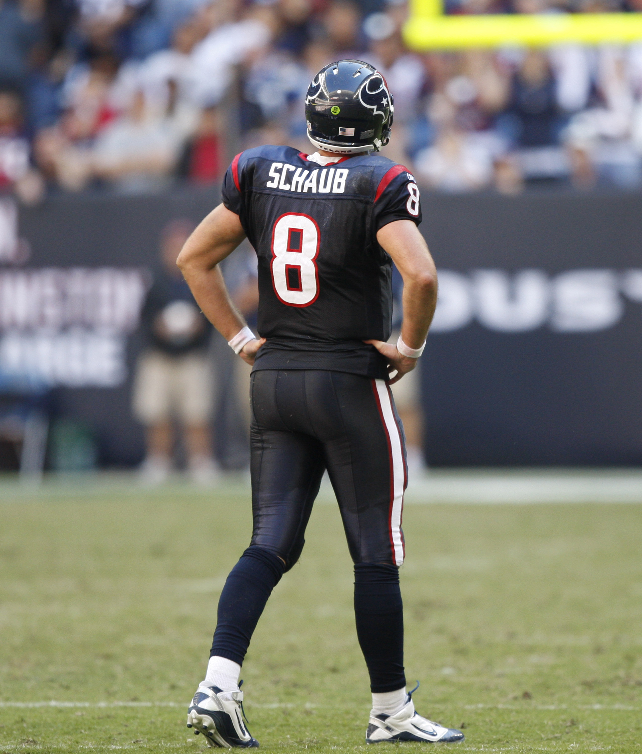HOUSTON - NOVEMBER 07:  Quarterback Matt Schaub walks off the field after throwing an interception to San Diego Charger Paul Oliver at Reliant Stadium on November 7, 2010 in Houston, Texas.  (Photo by Bob Levey/Getty Images)