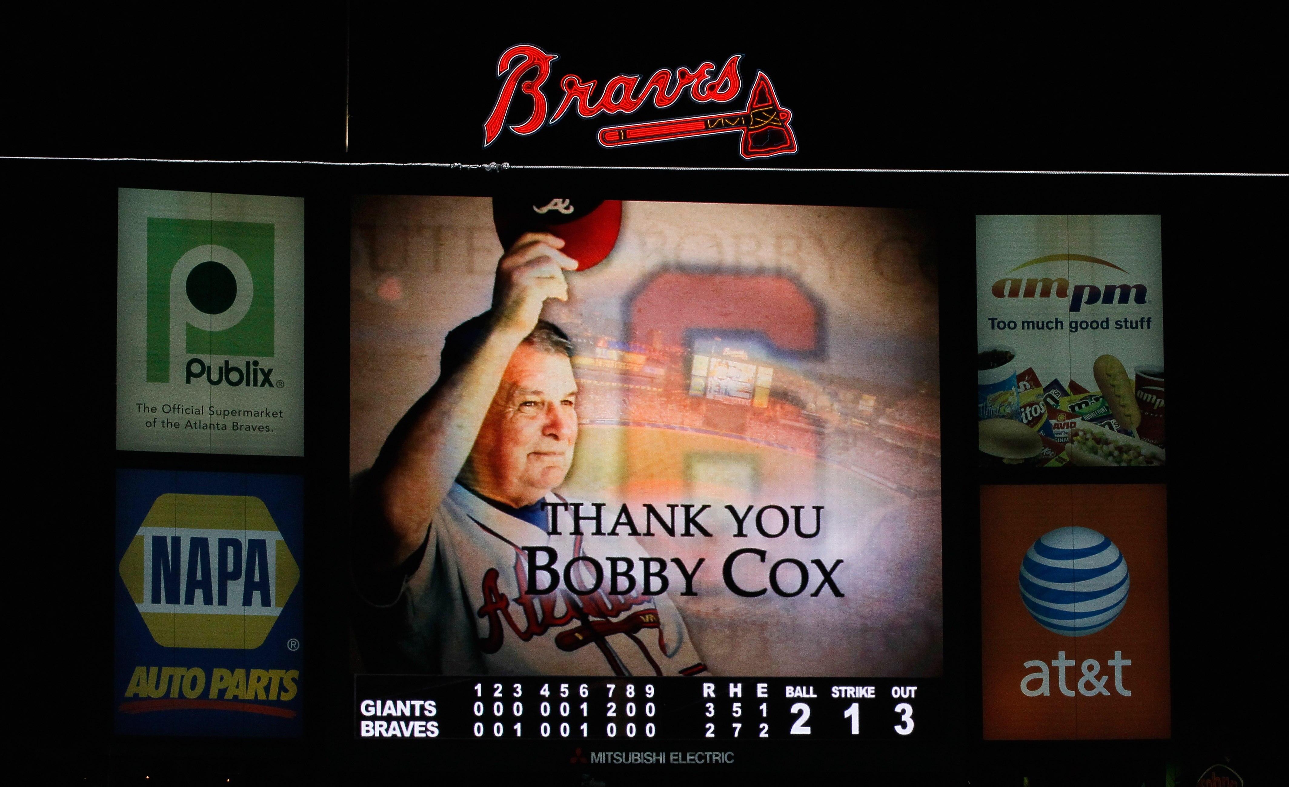 ATLANTA - OCTOBER 11:  A tribute to manager Bobby Cox #6 of the Atlanta Braves is shown on the jumbotron after their 3-2 loss to the San Francisco Giants during Game Four of the NLDS of the 2010 MLB Playoffs at Turner Field on October 11, 2010 in Atlanta,