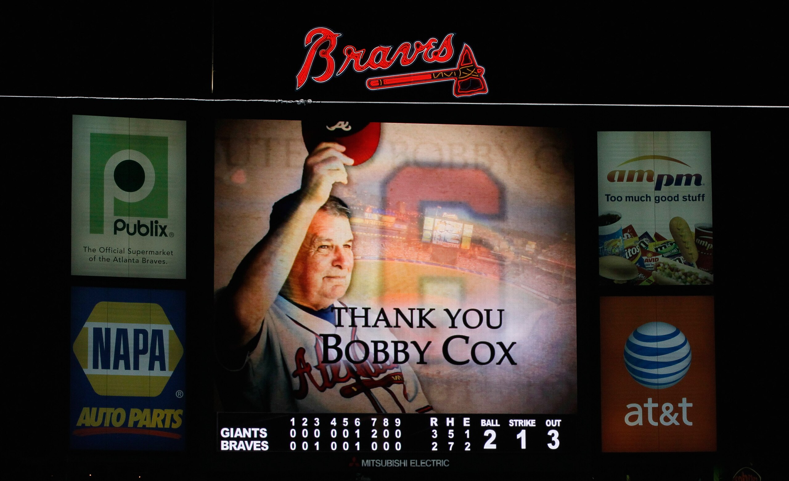 ATLANTA - OCTOBER 11:  A tribute to manager Bobby Cox #6 of the Atlanta Braves is shown on the jumbotron after their 3-2 loss to the San Francisco Giants during Game Four of the NLDS of the 2010 MLB Playoffs at Turner Field on October 11, 2010 in Atlanta,