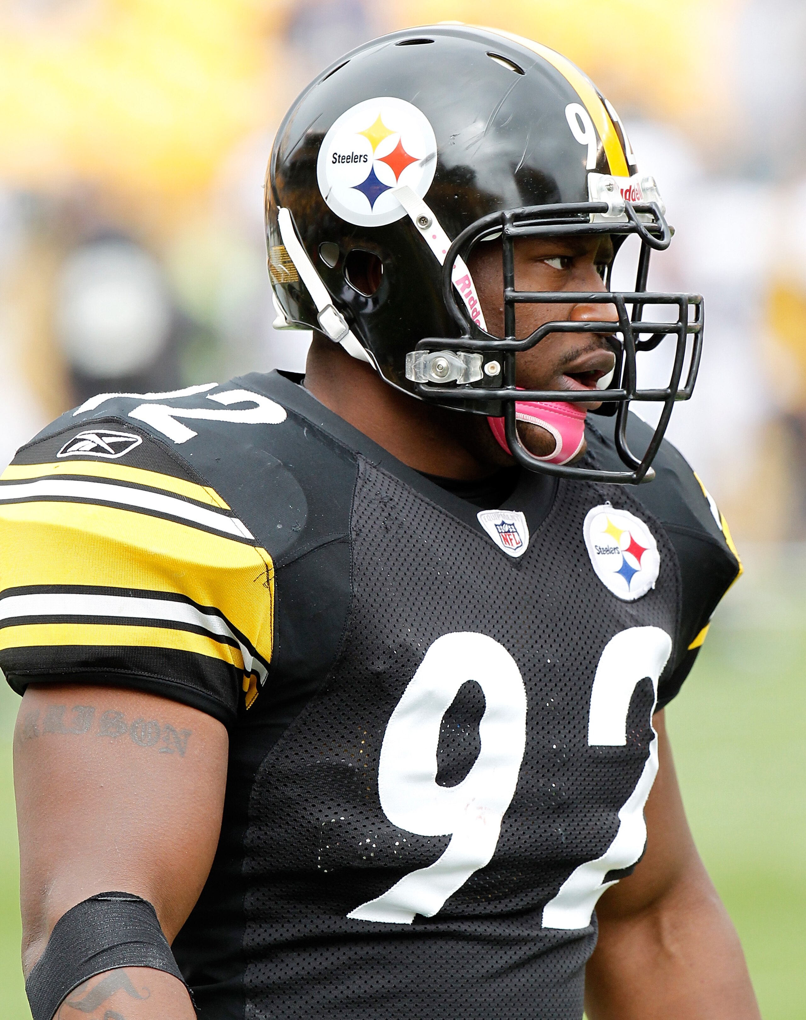 PITTSBURGH - OCTOBER 03: James Harrison #92 of the Pittsburgh Steelers looks on during the game against the Baltimore Ravens on October 3, 2010 at Heinz Field in Pittsburgh, Pennsylvania. (Photo by Gregory Shamus/Getty Images)