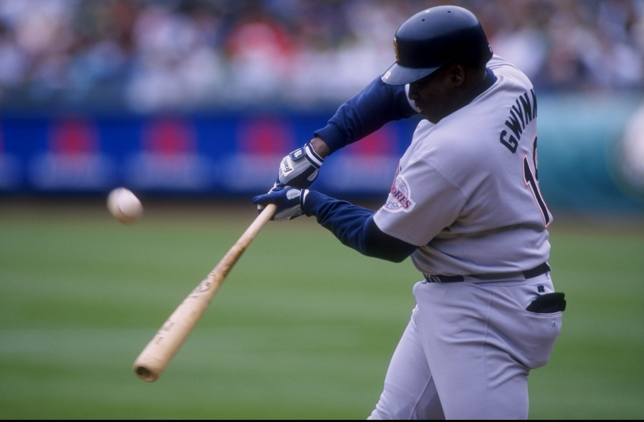 30 Jun 1998:  Outfielder Tony Gwynn #19 of the San Diego Padres in action during an interleague game against the Oakland Athletics at Oakland Coliseum in Oakland, California.  The Athletics won the game,  12-10. Mandatory Credit: Otto Greule Jr.  /Allspor