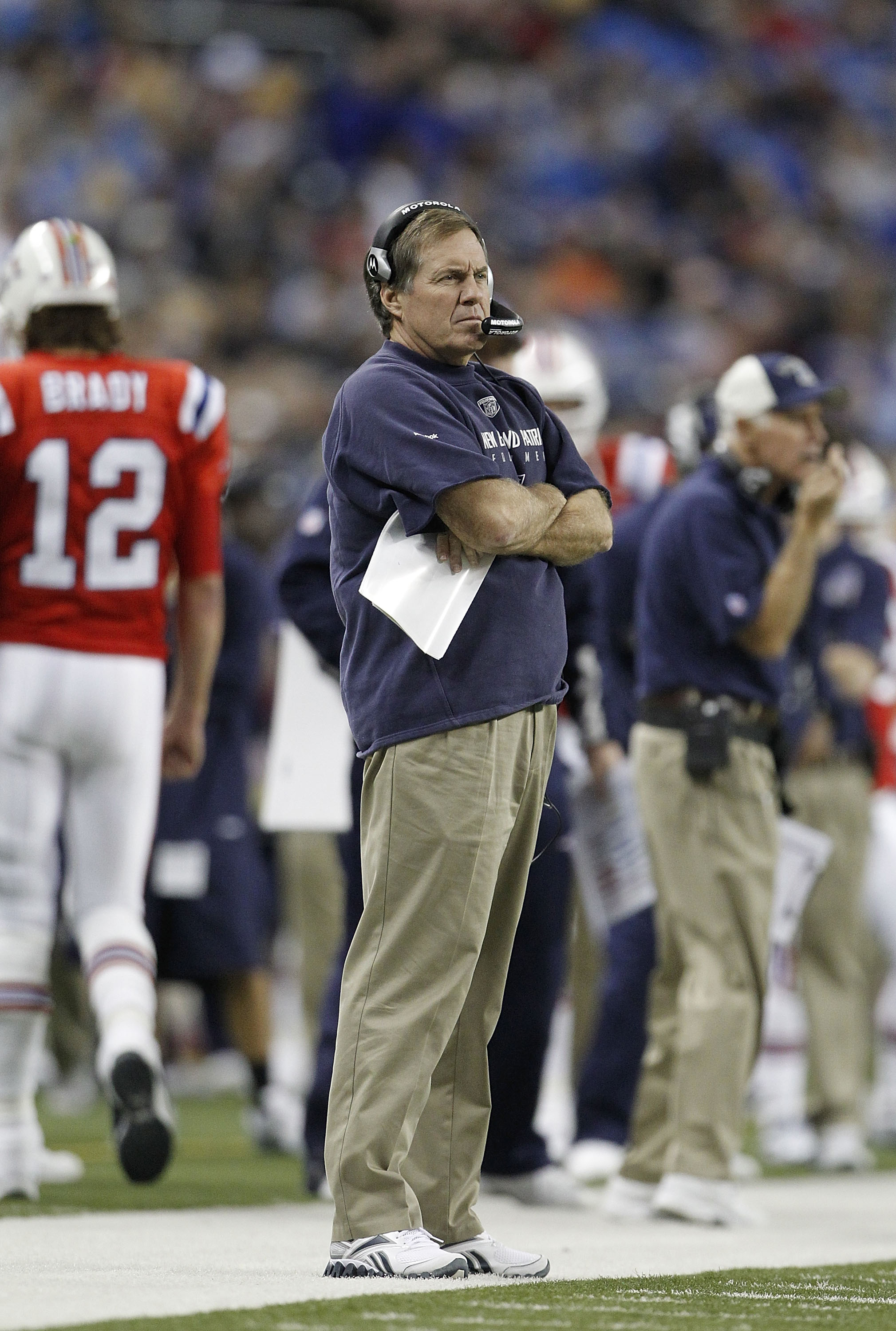 DETROIT - NOVEMBER 25: New England Patriots Head Coach Bill Belichick looks on during the first quarter of the game at Ford Field on November 25, 2010 in Detroit, Michigan.  (Photo by Leon Halip/Getty Images)