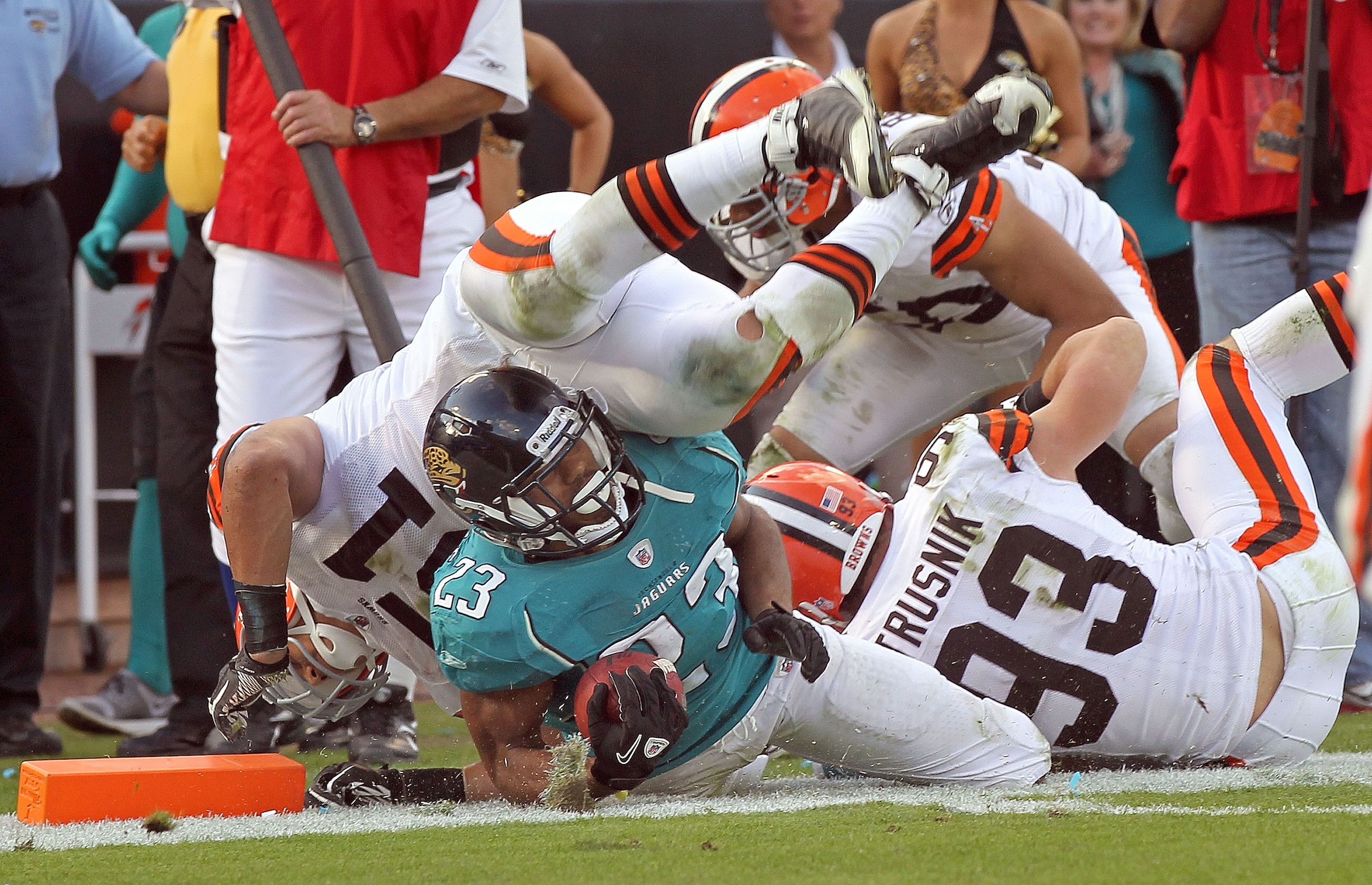 JACKSONVILLE, FL - NOVEMBER 21: Greg Jones #33 of the Jacksonville Jaguars is tackled at the one yard line during a game agaisnt the Cleveland Browns at EverBank Field on November 21, 2010 in Jacksonville, Florida.  (Photo by Mike Ehrmann/Getty Images)