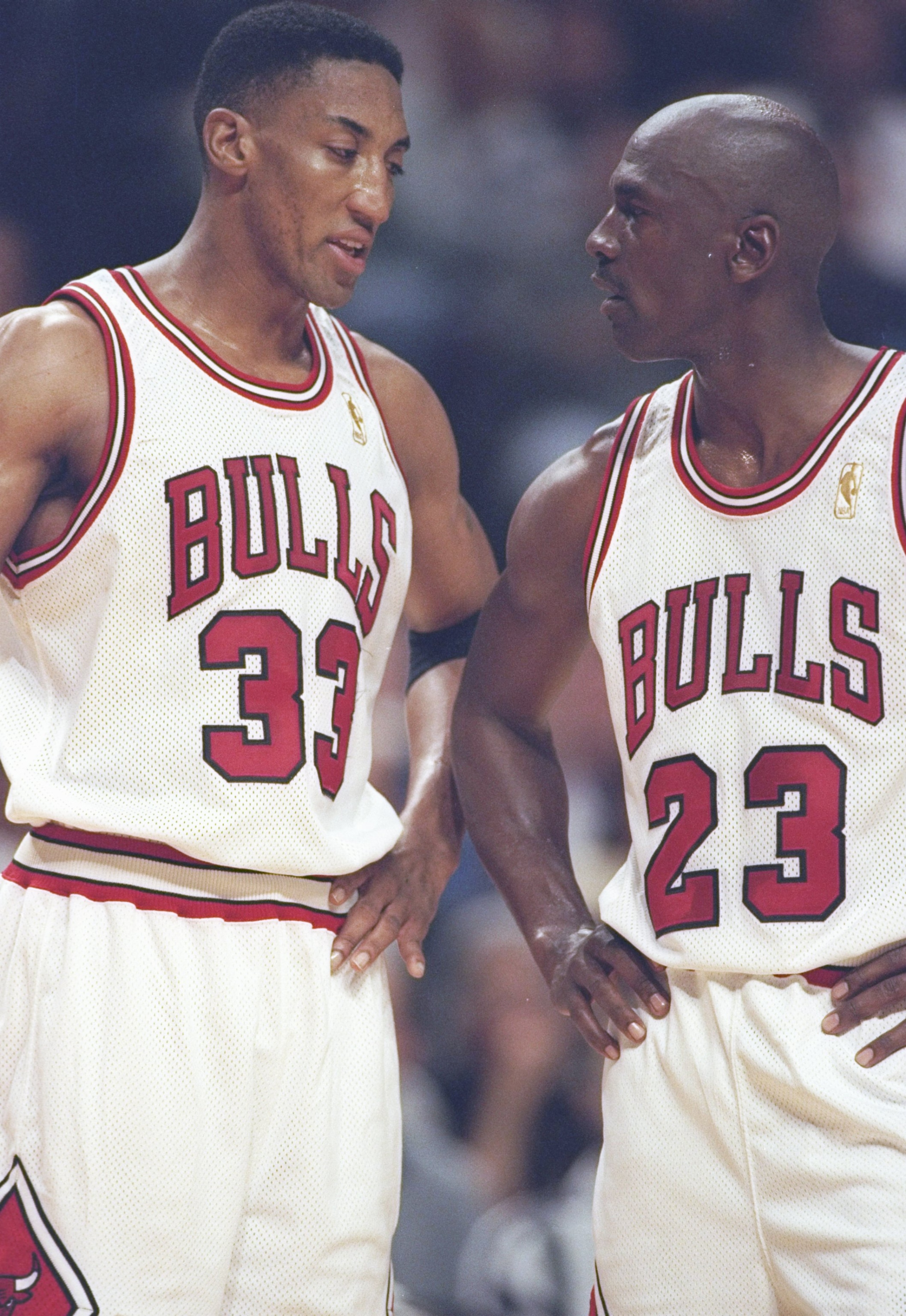 6 May 1997:  Forward Scottie Pippen and guard Michael Jordan of the Chicago Bulls stand on the court during a playoff game against the Atlanta Hawks at the United Center in Chicago, Illinois.  The Bulls won the game 100-97. Mandatory Credit: Jonathan Dani