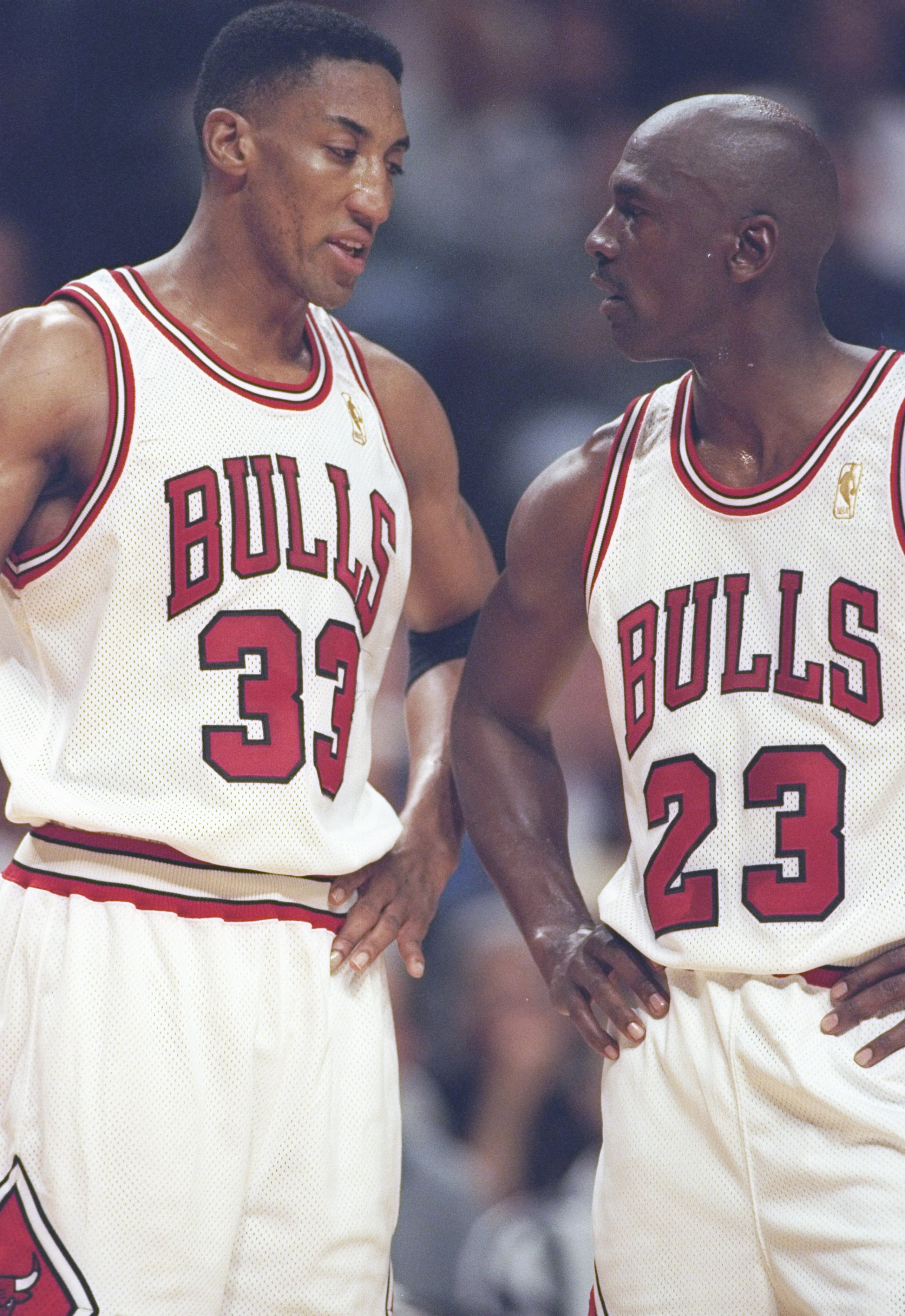 6 May 1997:  Forward Scottie Pippen and guard Michael Jordan of the Chicago Bulls stand on the court during a playoff game against the Atlanta Hawks at the United Center in Chicago, Illinois.  The Bulls won the game 100-97. Mandatory Credit: Jonathan Dani