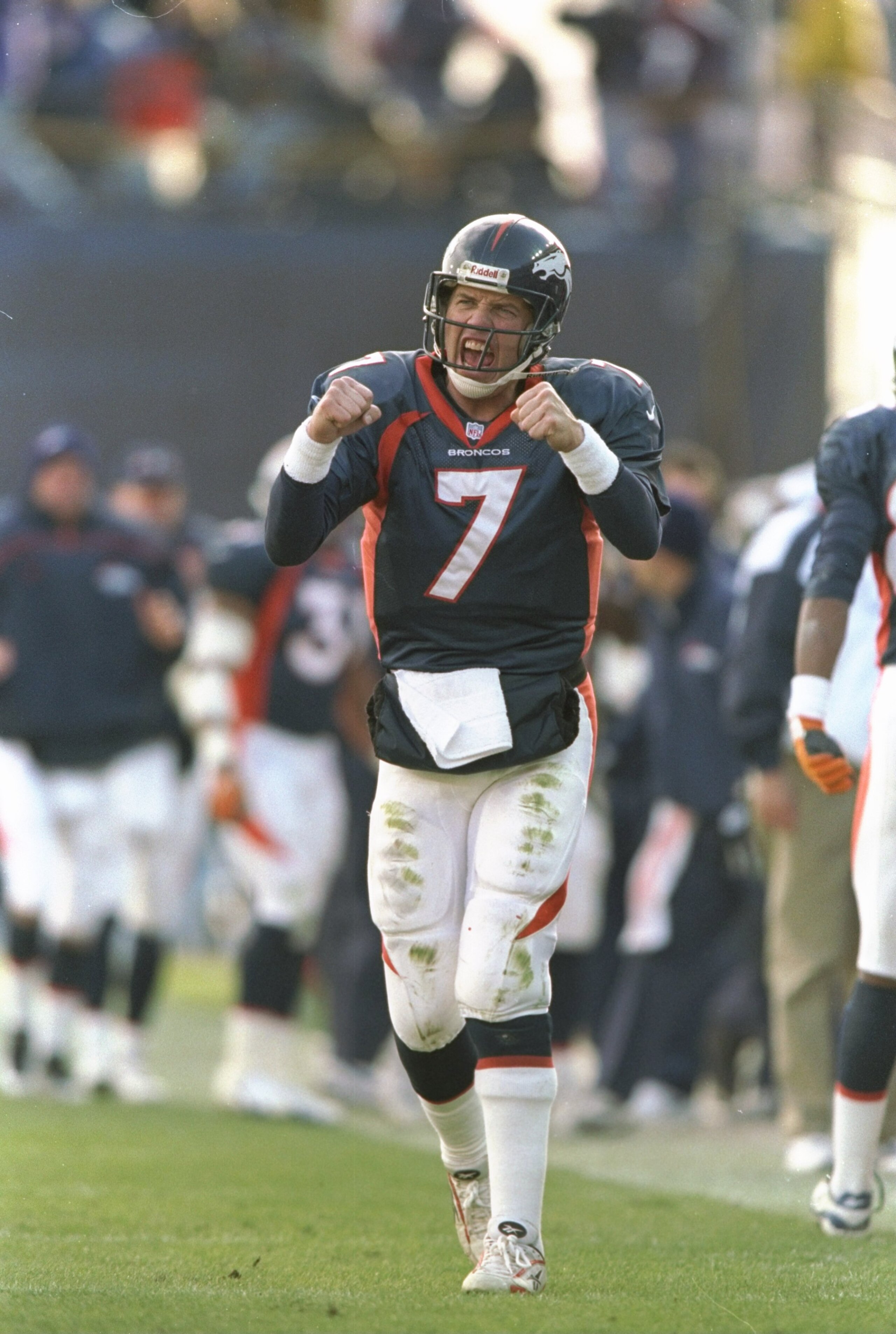 27 Dec 1997:  Quarterback John Elway of the Denver Broncos celebrates during a game against the Jacksonville Jaguars at Mile High Stadium in Denver, Colorado.  Denver won the game 42-17. Mandatory Credit: Brian Bahr  /Allsport