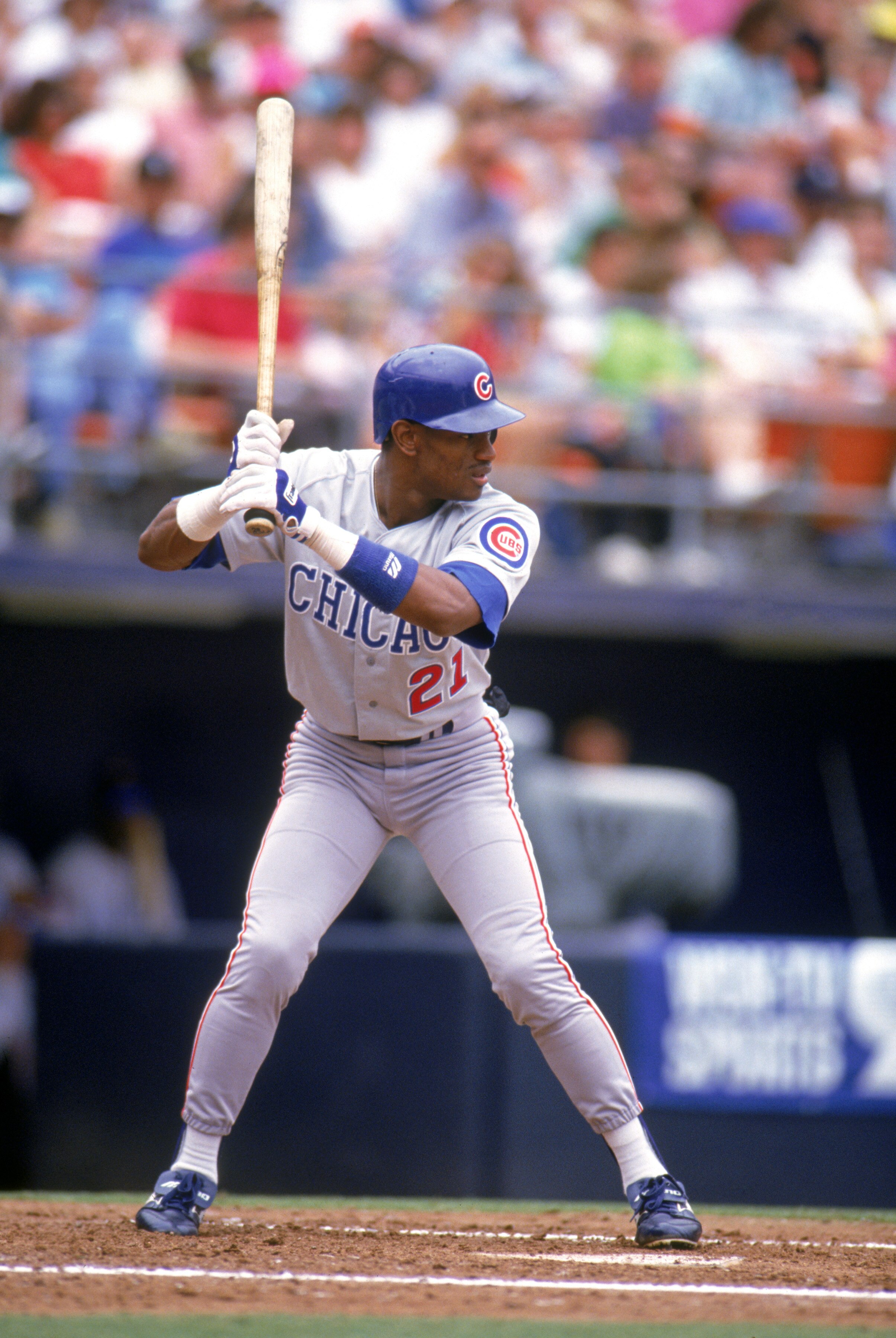 SAN DIEGO - MAY 24:  Sammy Sosa #21 of the Chicago Cubs stands ready at the plate during a game against the San Diego Padres at Jack Murphy Stadium on May 24, 1992 in San Diego, California.  (Photo by Stephen Dunn/Getty Images)