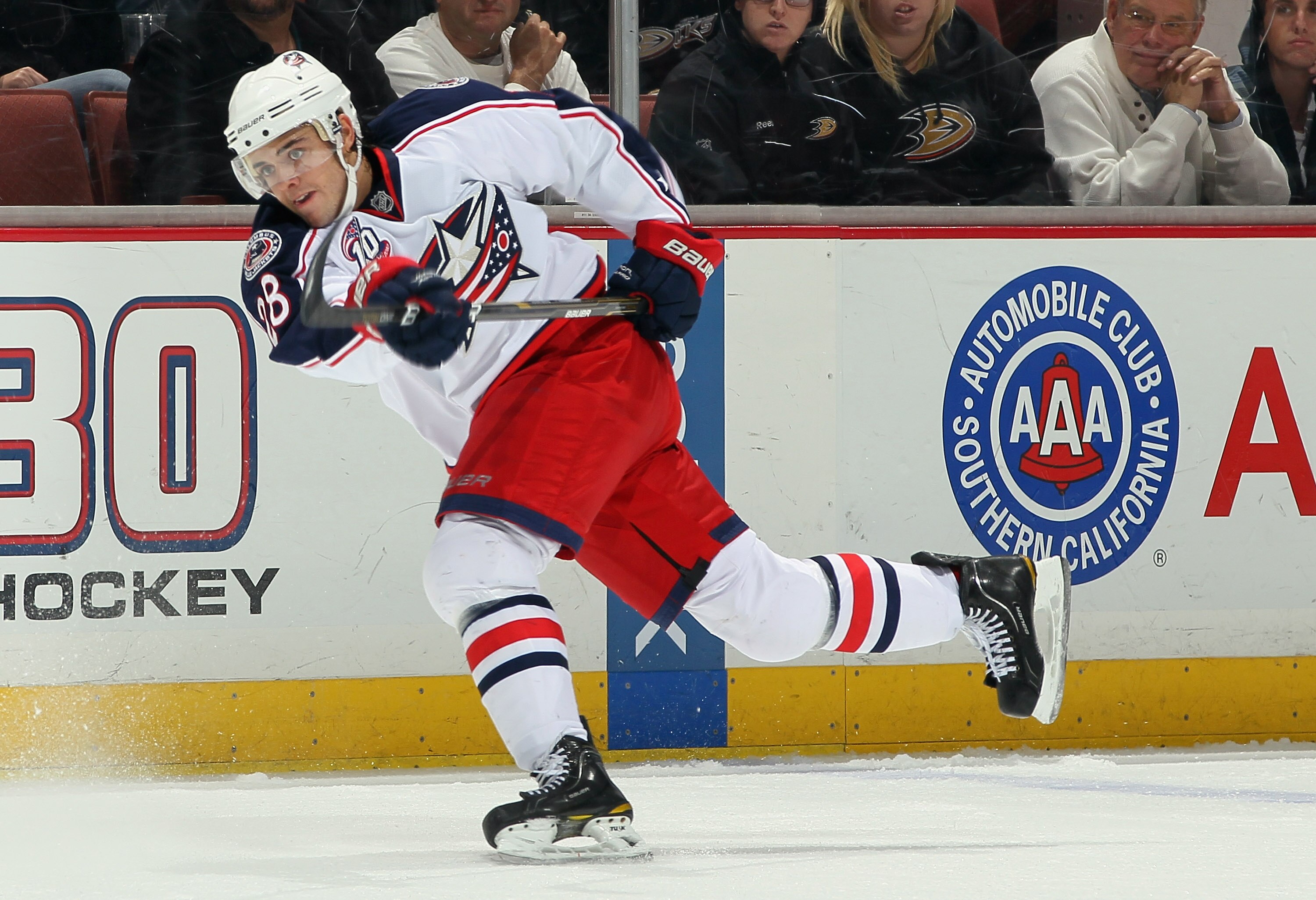 ANAHEIM, CA - NOVEMBER 19:  Nikita Filatov #28 of the Columbus Blue Jackets looks on against the Anaheim Ducks at the Honda Center on November 19, 2010 in Anaheim, California.  (Photo by Jeff Gross/Getty Images)