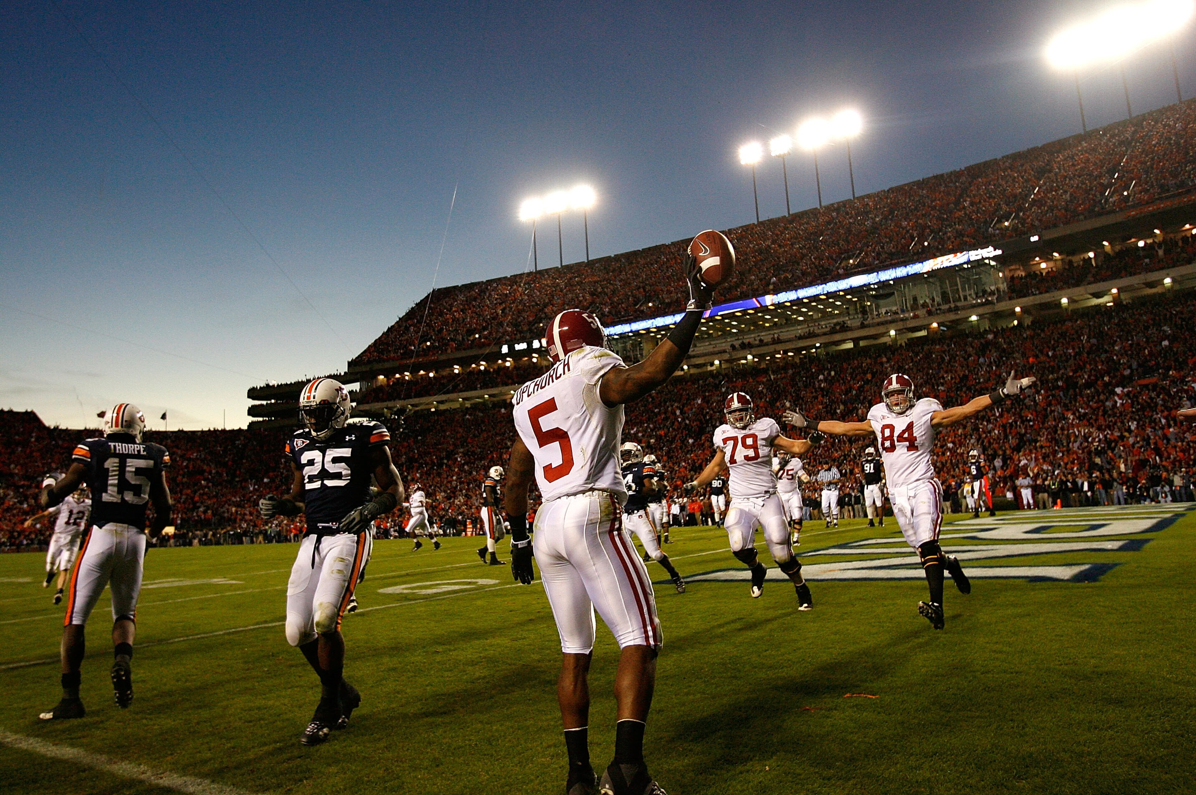 AUBURN, AL - NOVEMBER 27: Roy Upchurch #5 of the Alabama Crimson Tide celebrates his game-winning touchdown against the Auburn Tigers at Jordan-Hare Stadium on November 27, 2009 in Auburn, Alabama. (Photo by Kevin C. Cox/Getty Images) AUBURN, AL - NOVEMBER 27: Roy Upchurch #5 of the Alabama Crimson Tide celebrates his game-winning touchdown against the Auburn Tigers at Jordan-Hare Stadium on November 27, 2009 in Auburn, Alabama. (Photo by Kevin C. Cox/Getty Images)