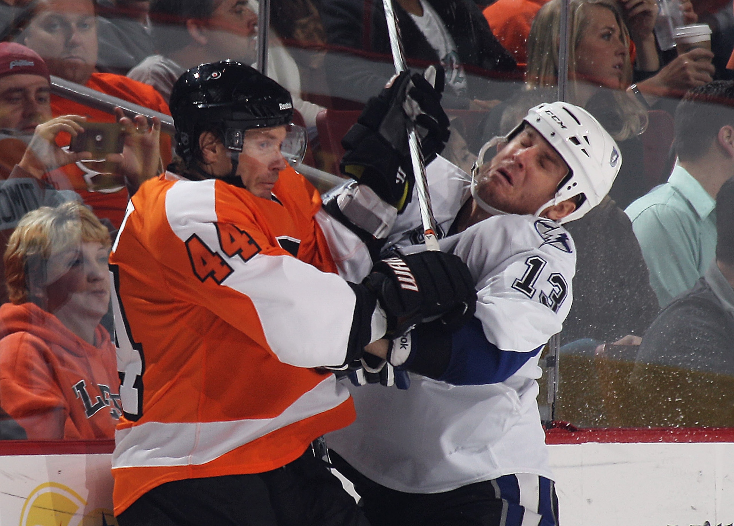 PHILADELPHIA - NOVEMBER 18: Kimmo Timonen #44 of the Philadelphia Flyers collides with Pavel Kubina #13 of the Tampa Bay Lightning at the Wells Fargo Center on November 18, 2010 in Philadelphia, Pennsylvania. (Photo by Bruce Bennett/Getty Images) PHILADELPHIA - NOVEMBER 18: Kimmo Timonen #44 of the Philadelphia Flyers collides with Pavel Kubina #13 of the Tampa Bay Lightning at the Wells Fargo Center on November 18, 2010 in Philadelphia, Pennsylvania. (Photo by Bruce Bennett/Getty Images)