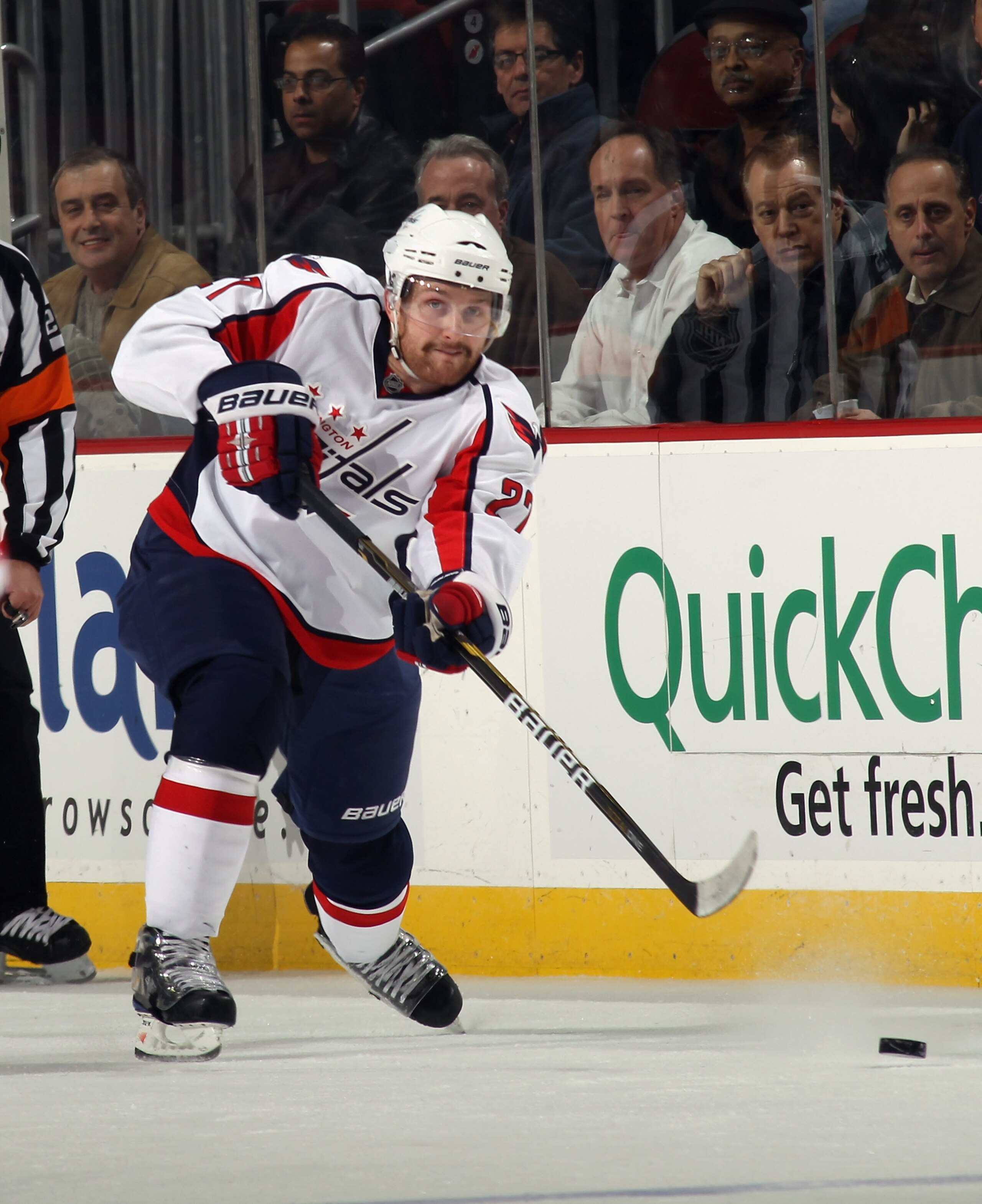 NEWARK, NJ - NOVEMBER 22:  Karl Alzner #27 of the Washington Capitals skates against the New Jersey Devils at the Prudential Center on November 22, 2010 in Newark, New Jersey. The Devils defeated the Capitals 5-0.  (Photo by Bruce Bennett/Getty Images)