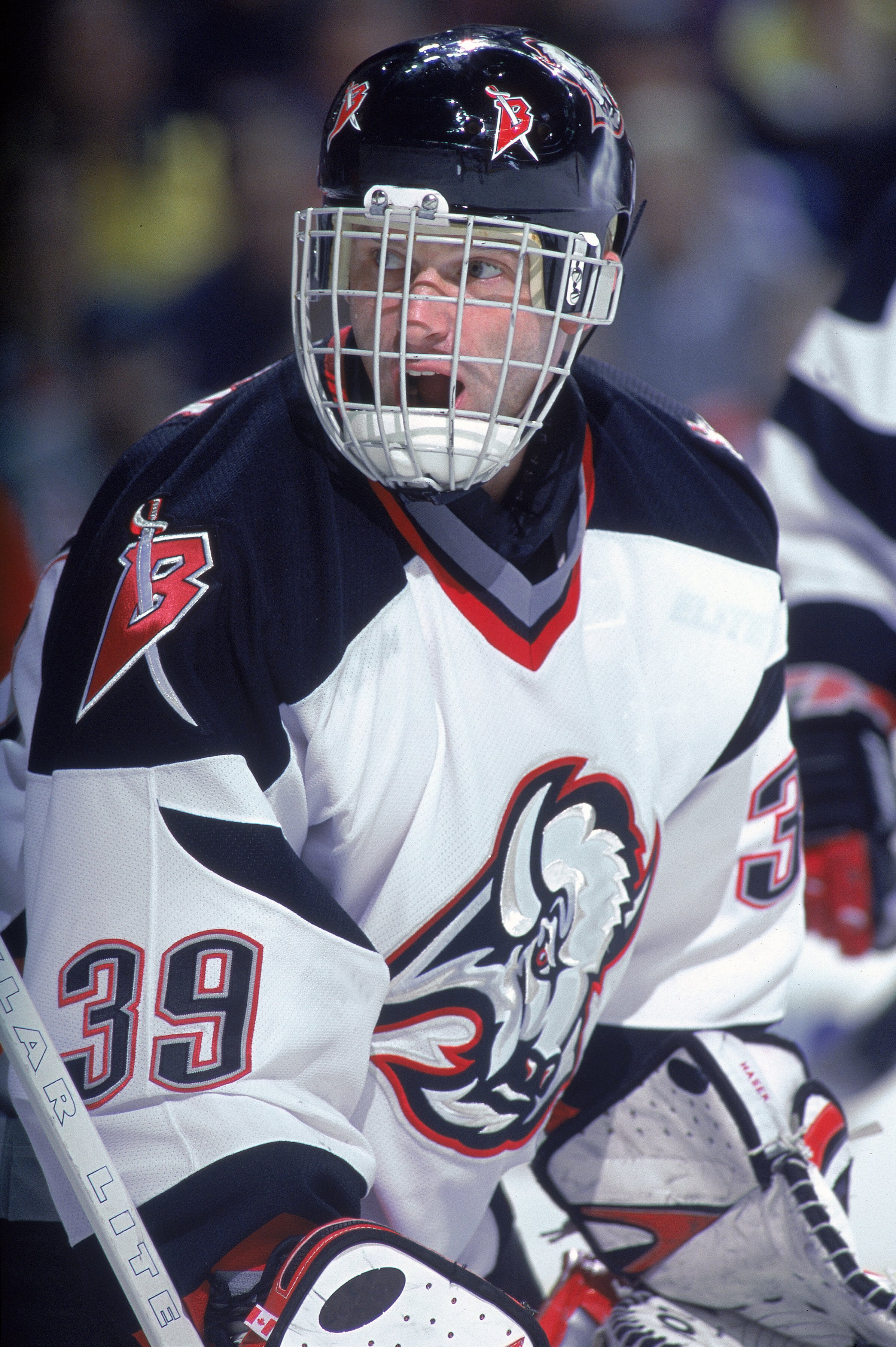 3 Nov 2000:  Dominik Hasek #30 of the Buffalo Sabres looks on during the game against the Monteal Canadiens at the HSBC Arena in Buffalo, New York. The Sabres defeated the Canadiens 5-4.Mandatory Credit: Rick Stewart  /Allsport