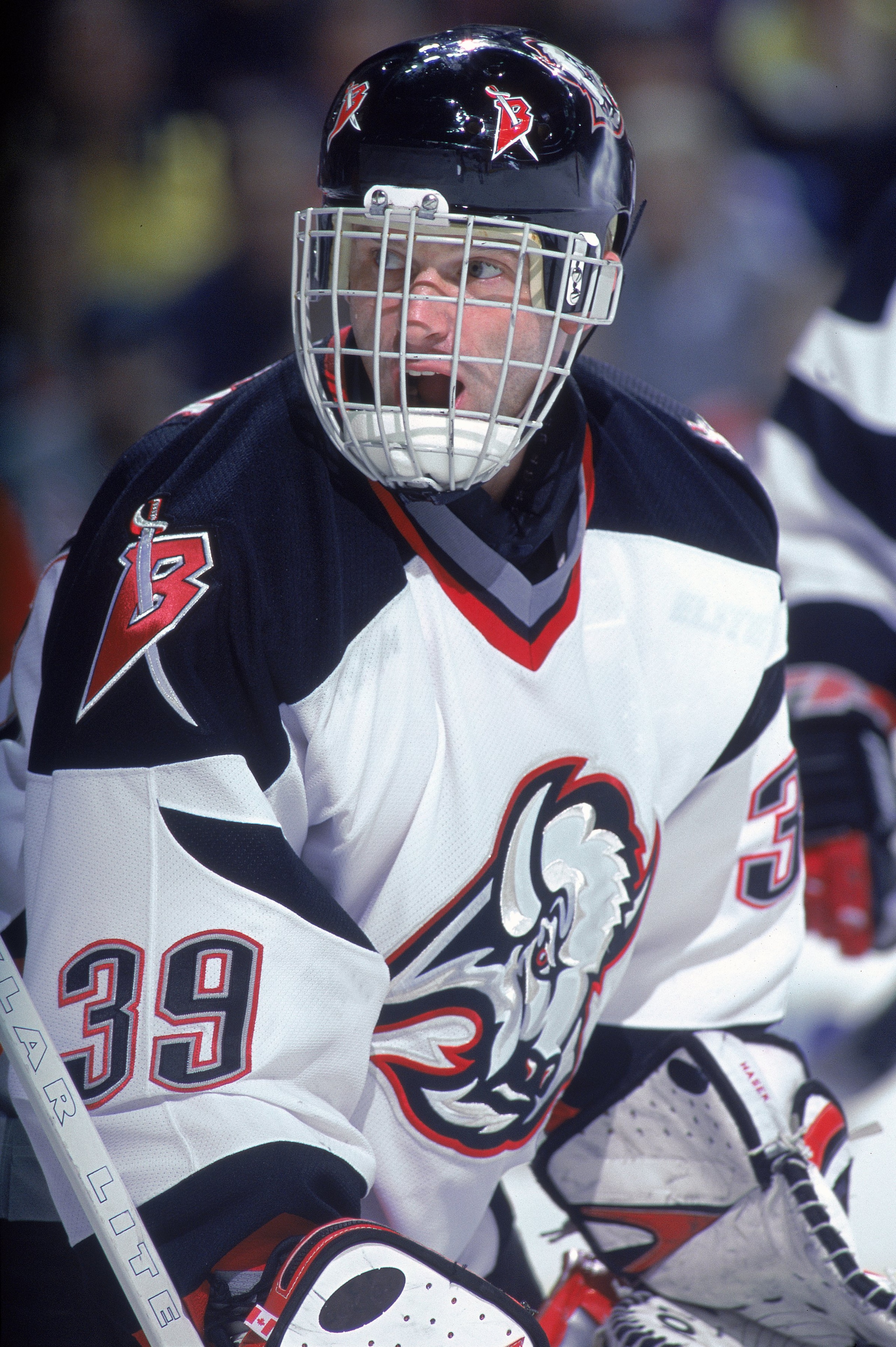 3 Nov 2000:  Dominik Hasek #30 of the Buffalo Sabres looks on during the game against the Monteal Canadiens at the HSBC Arena in Buffalo, New York. The Sabres defeated the Canadiens 5-4.Mandatory Credit: Rick Stewart  /Allsport
