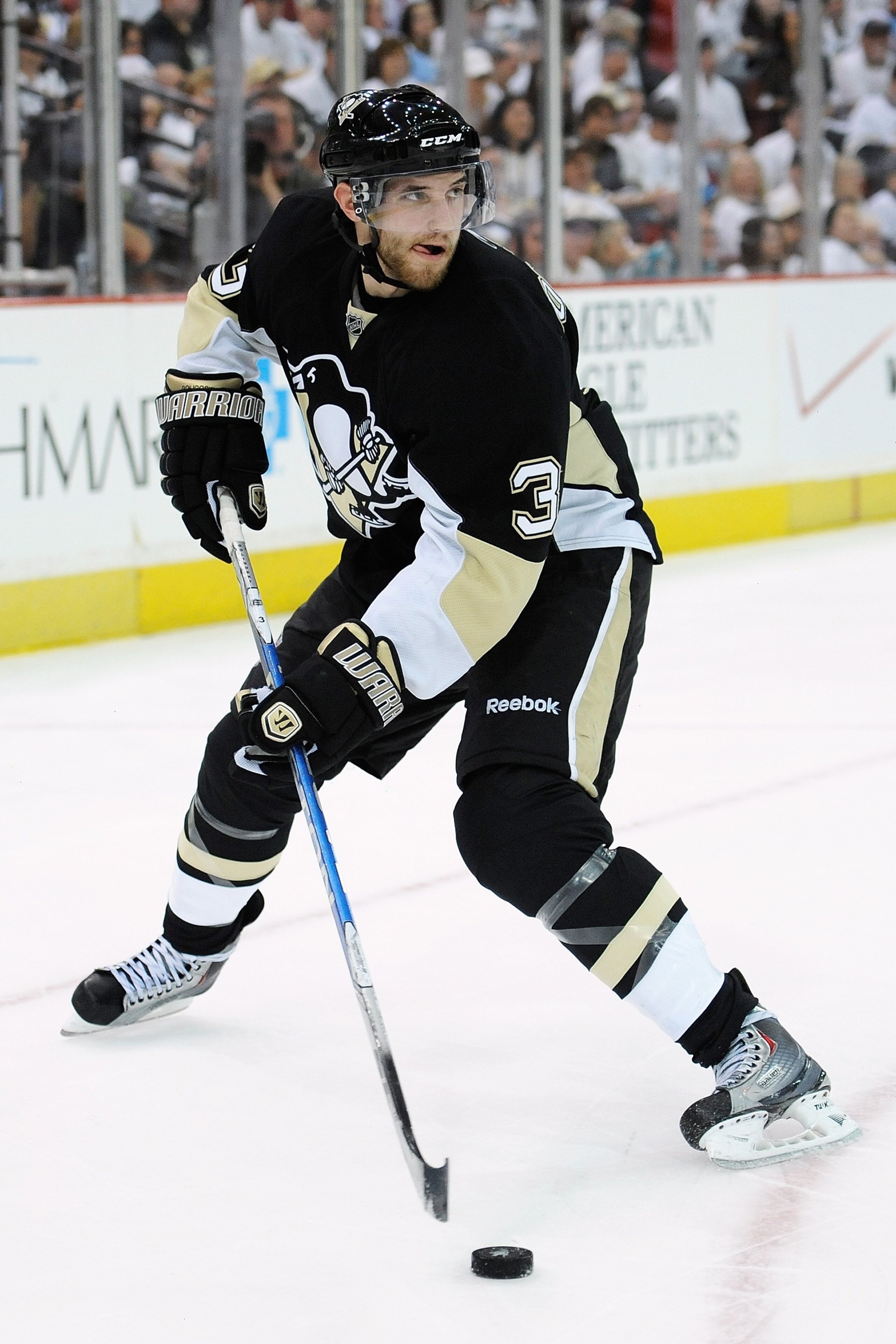PITTSBURGH - MAY 2:  Alex Goligoski #3 of the Pittsburgh Penguins skates with the puck against the Montreal Canadiens in Game Two of the Eastern Conference Semifinals during the 2010 NHL Stanley Cup Playoffs on May 2, 2010 at Mellon Arena in Pittsburgh, P