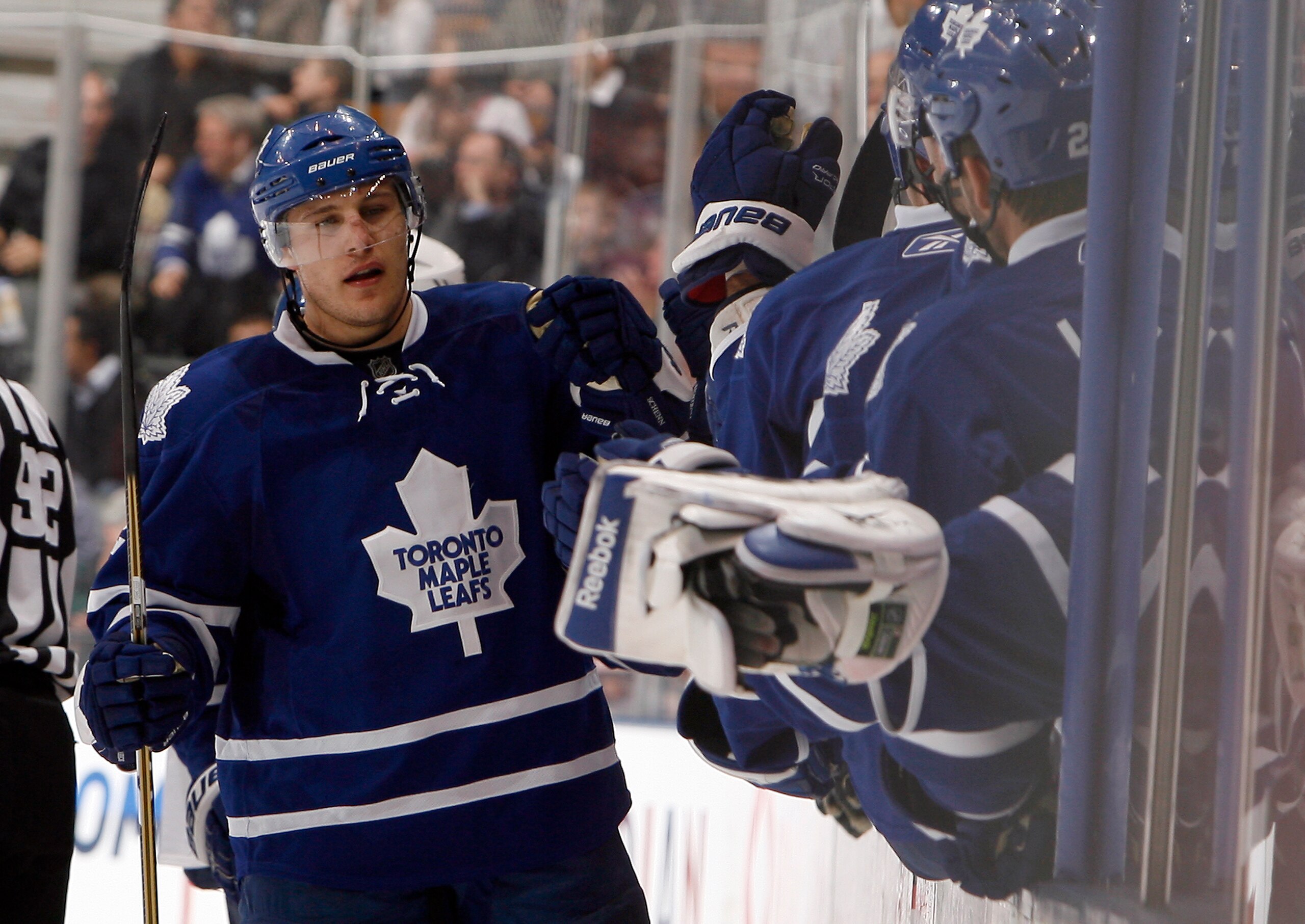 TORONTO - NOVEMBER 16: Luke Schenn #2 of the Toronto Maple Leafs celebrates his goal against the Nashville Predators during game action at the Air Canada Centre November 16, 2010 in Toronto, Ontario, Canada. (Photo by Abelimages/Getty Images)