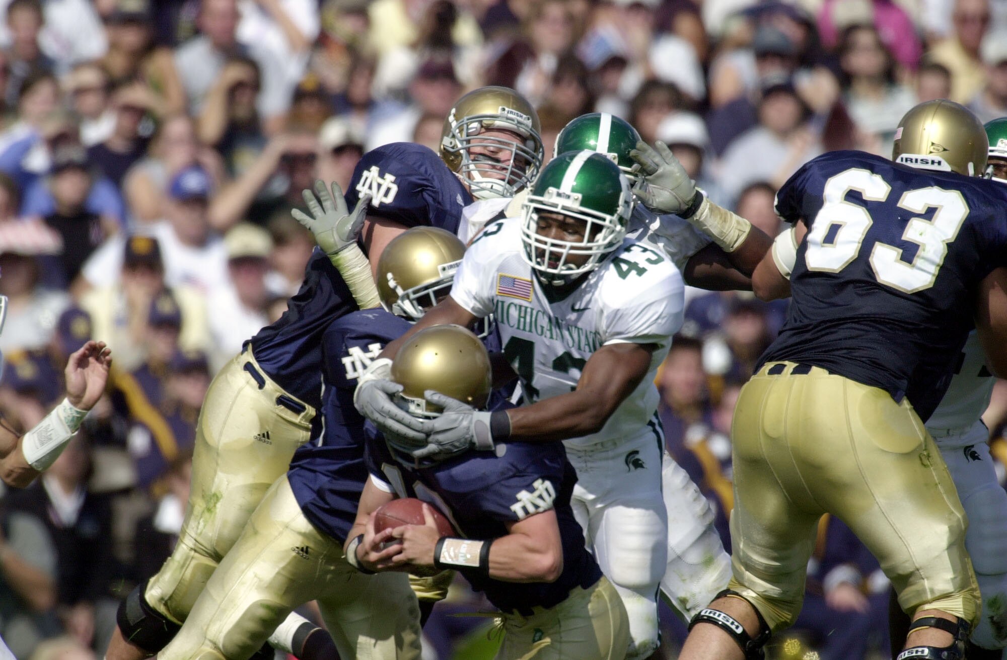 22 Sept 2001:  Safety Thomas Wright #43 of Michigan State sacks quarterback Matt LoVecchio #10 of Notre Dame in first half action at Notre Dame Stadium in South Bend, Indiana. DIGITAL IMAGE  Mandatory Credit: Jonathan Daniel/ALLSPORT