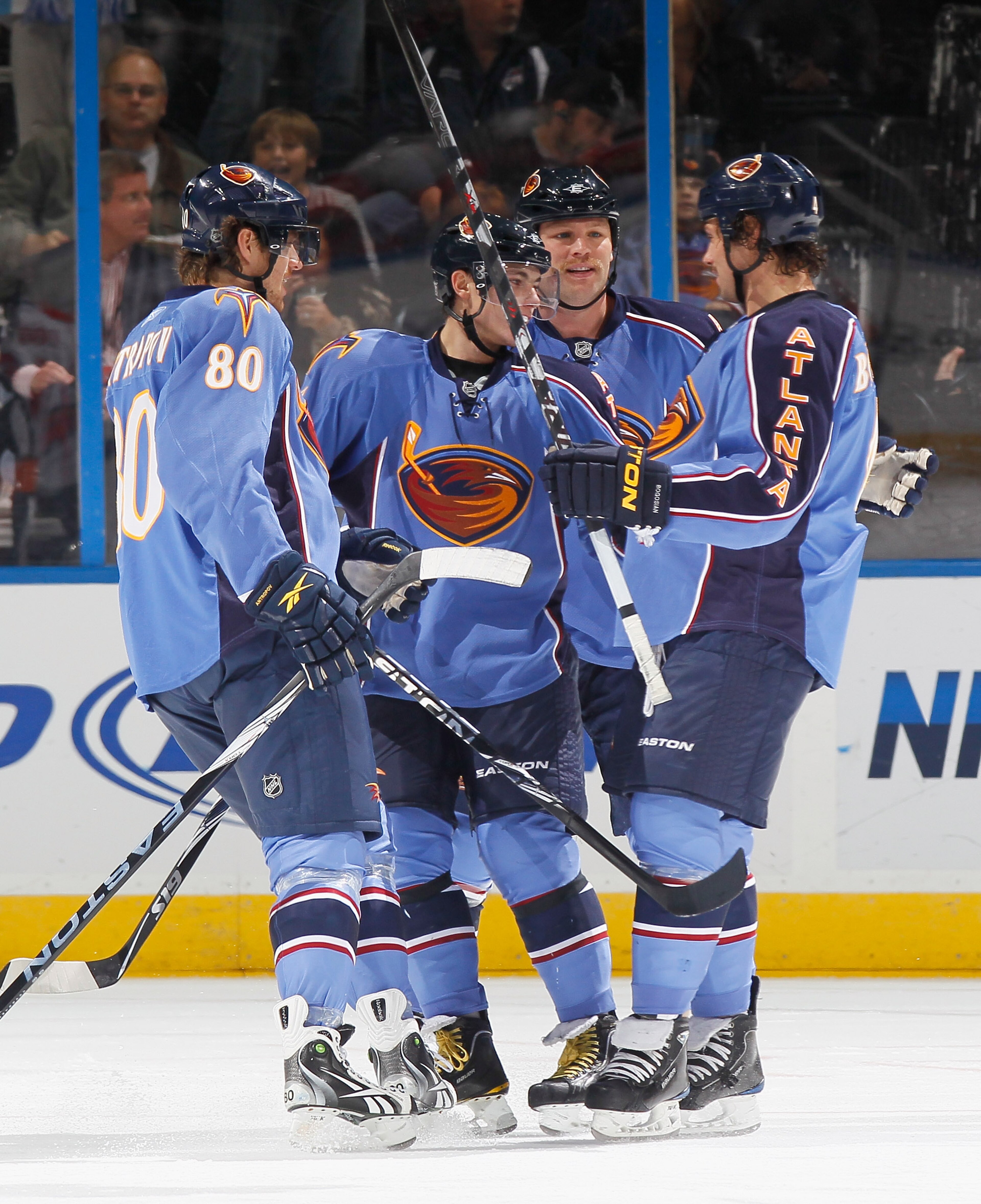 ATLANTA - NOVEMBER 17:  Nik Antropov #80, Alexander Burmistrov #8, Ben Eager #21 and Zach Bogosian #4 of the Atlanta Thrashers against the Florida Panthers at Philips Arena on November 17, 2010 in Atlanta, Georgia.  (Photo by Kevin C. Cox/Getty Images)