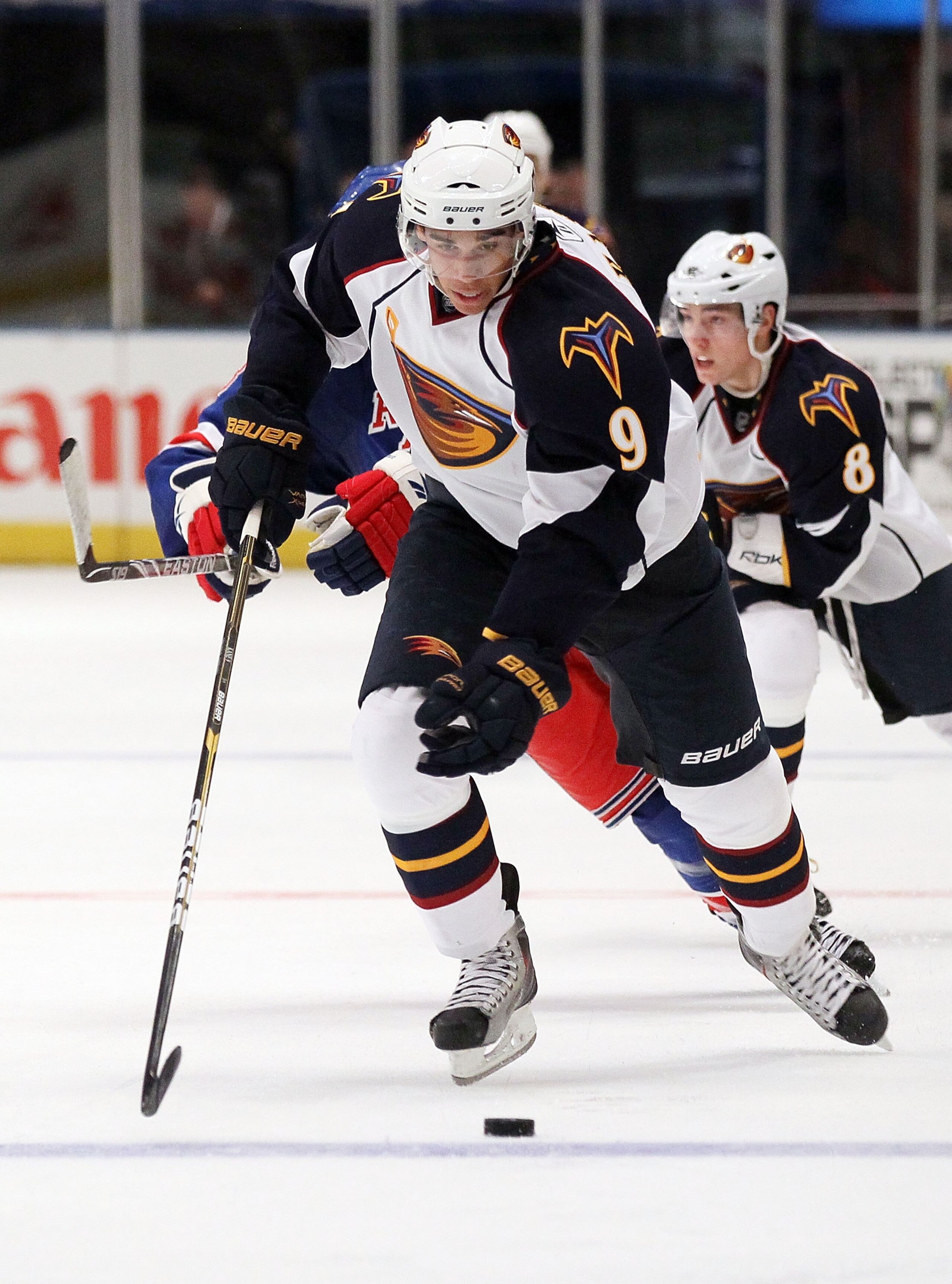 NEW YORK - OCTOBER 27:  Evander Kane #9 of the Atlanta Thrashers skates against the New York Rangers on October 27, 2010 at Madison Square Garden in New York City. Atlanta defeated the Rangers 6-4.  (Photo by Jim McIsaac/Getty Images)