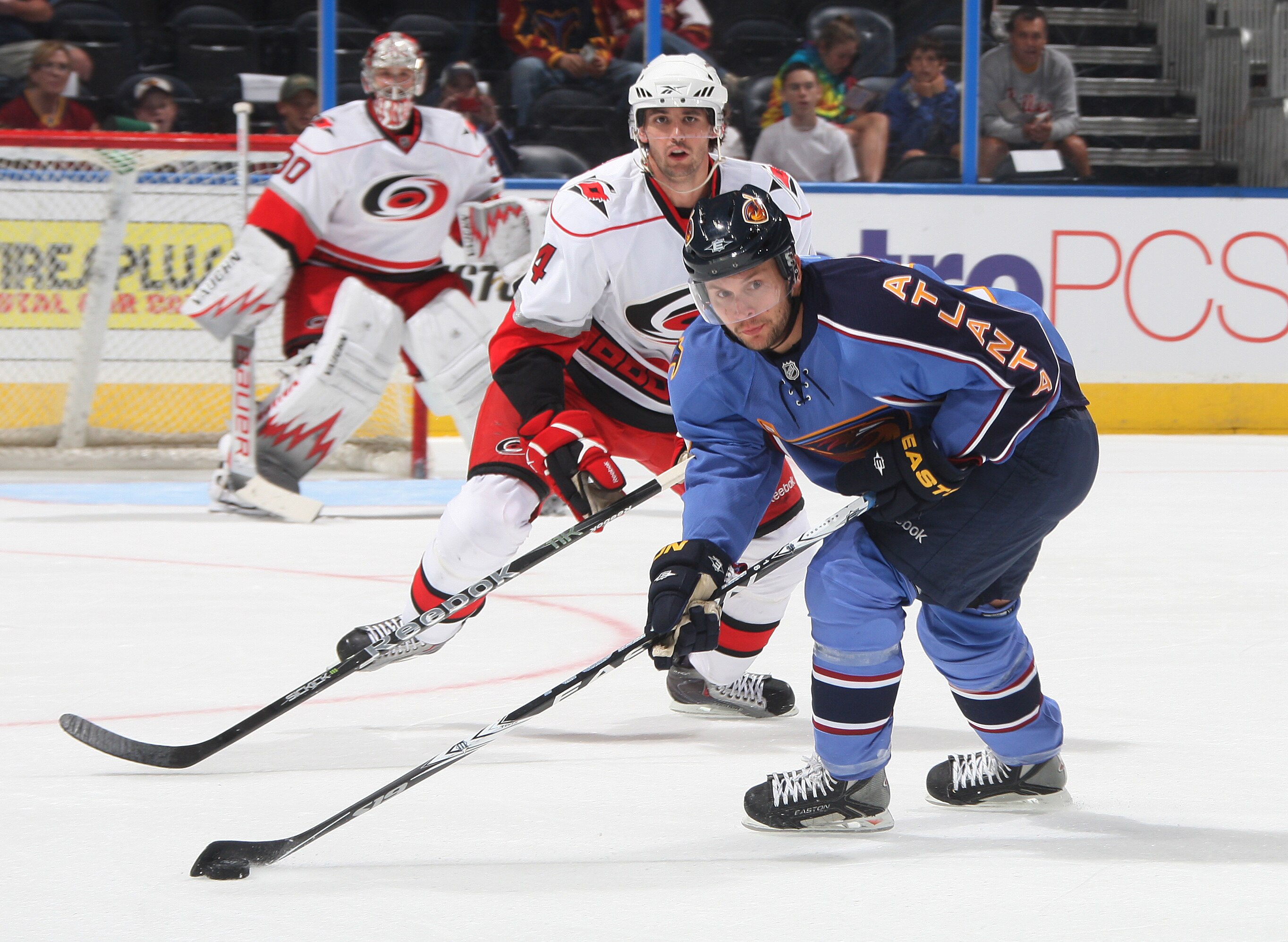 ATLANTA - SEPTEMBER 25: Nicklas Bergfors #18 of the Atlanta Thrashers carries thew puck against the Carolina Hurricanes at Philips Arena on September 25, 2010 in Atlanta, Georgia. The Hurricanes won 1-0. (Photo by Scott Cunningham/Getty Images)