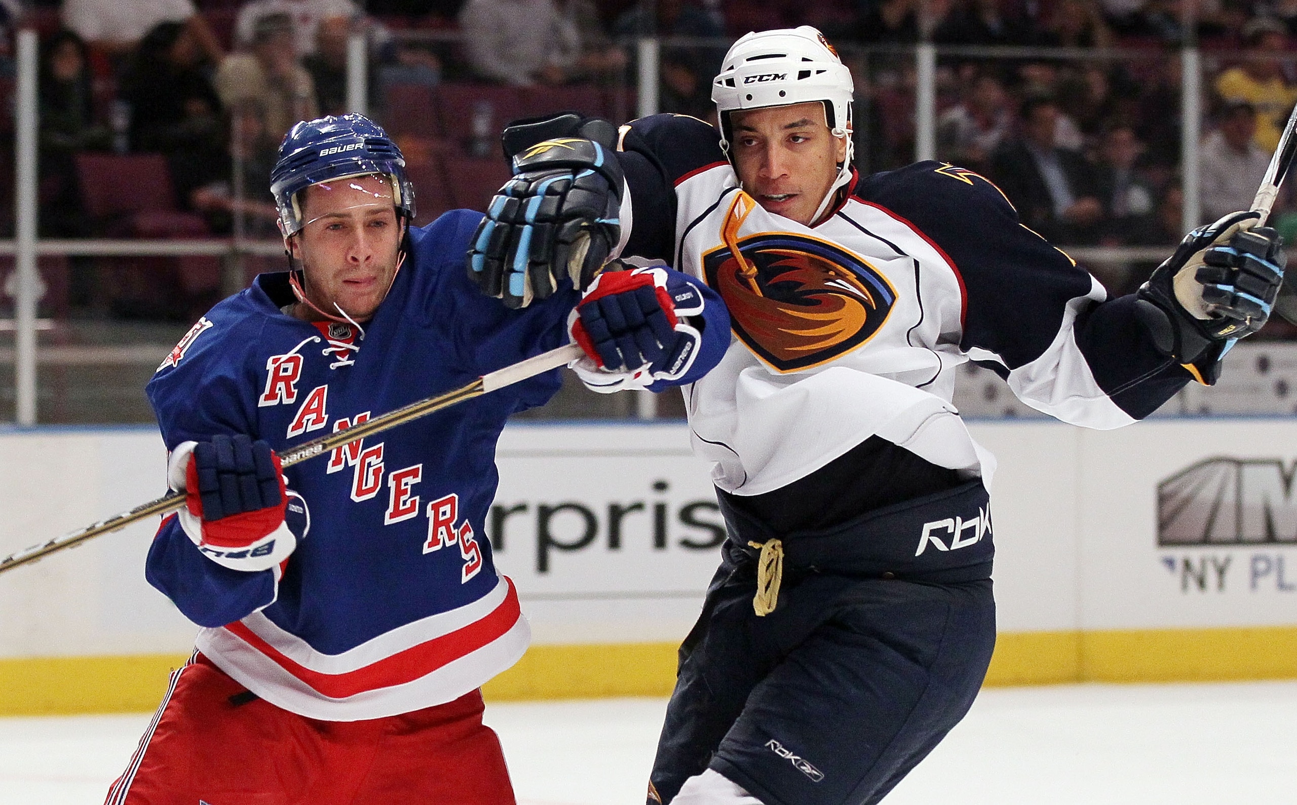 NEW YORK - OCTOBER 27:  Anthony Stewart #22 of the Atlanta Thrashers skates against Matt Gilroy #97 of the New York Rangers on October 27, 2010 at Madison Square Garden in New York City.  (Photo by Jim McIsaac/Getty Images)