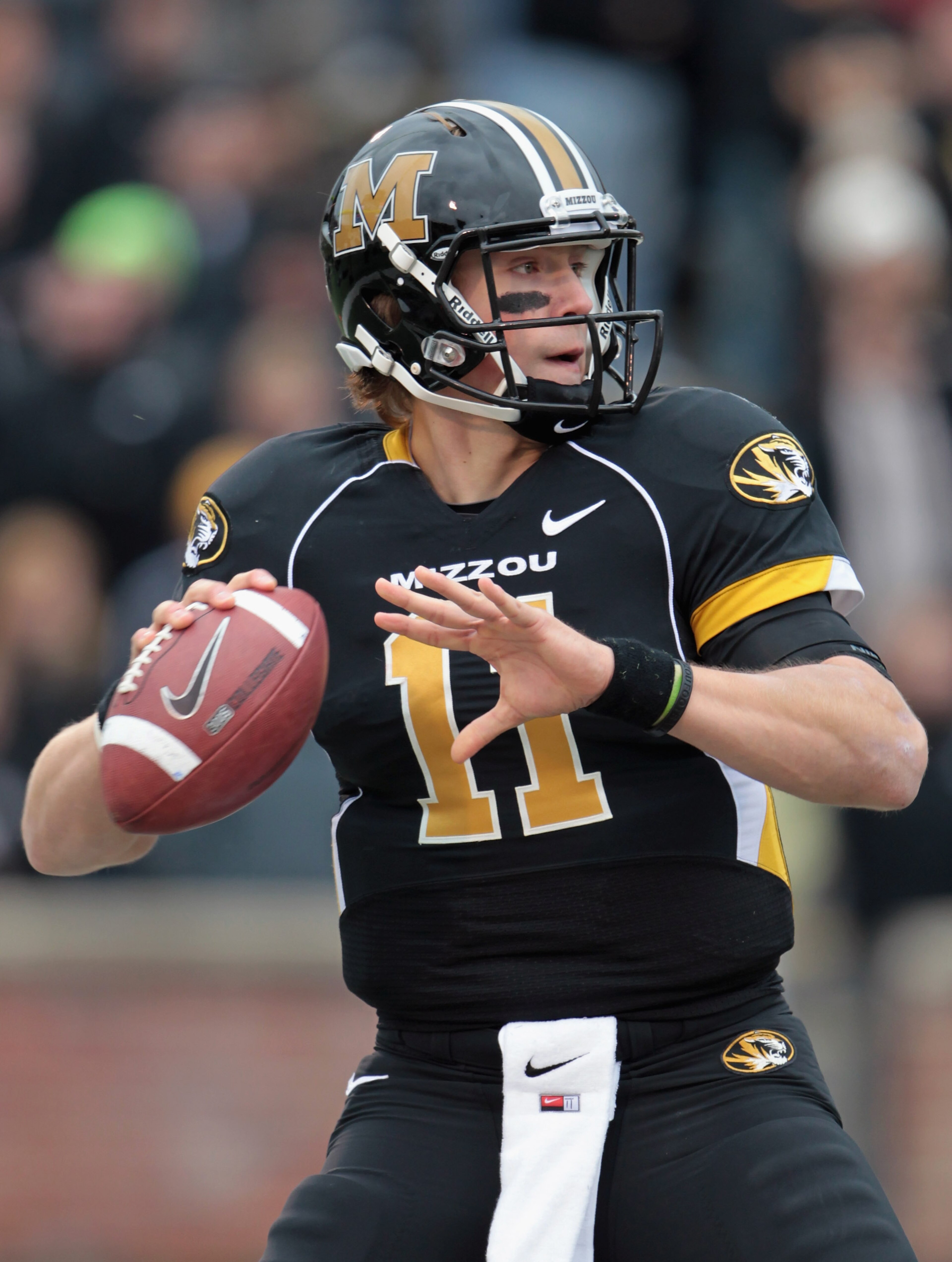 COLUMBIA, MO - NOVEMBER 13: Quarterback Blaine Gabbert #11 of the Missouri Tigers passes during the game against the Kansas State Wildcats on November 13, 2010 at Faurot Field/Memorial Stadium in Columbia, Missouri. (Photo by Jamie Squire/Getty Images) COLUMBIA, MO - NOVEMBER 13: Quarterback Blaine Gabbert #11 of the Missouri Tigers passes during the game against the Kansas State Wildcats on November 13, 2010 at Faurot Field/Memorial Stadium in Columbia, Missouri. (Photo by Jamie Squire/Getty Images)