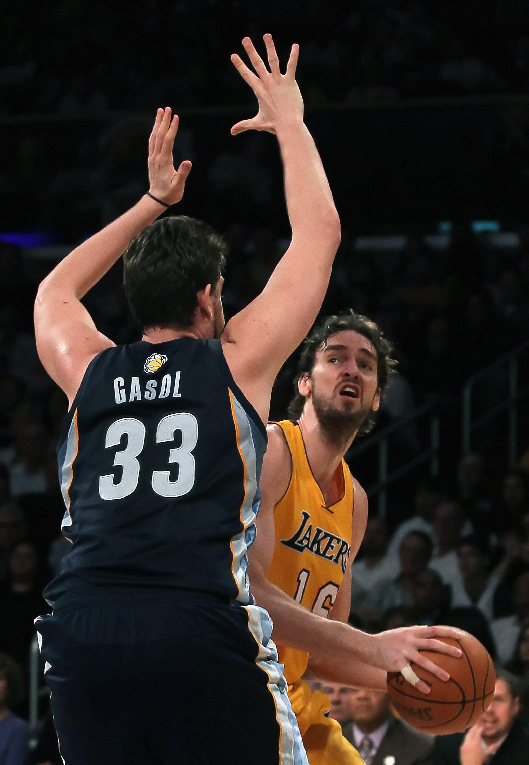 LOS ANGELES, CA - NOVEMBER 02:  Pau Gasol #16 of the Los Angeles Lakers is defended by Marc Gasol #33 of the Memphis Grizzlies during the third quarter at Staples Center on November 2, 2010 in Los Angeles, California. The Lakers defeated the Grizzlies 124