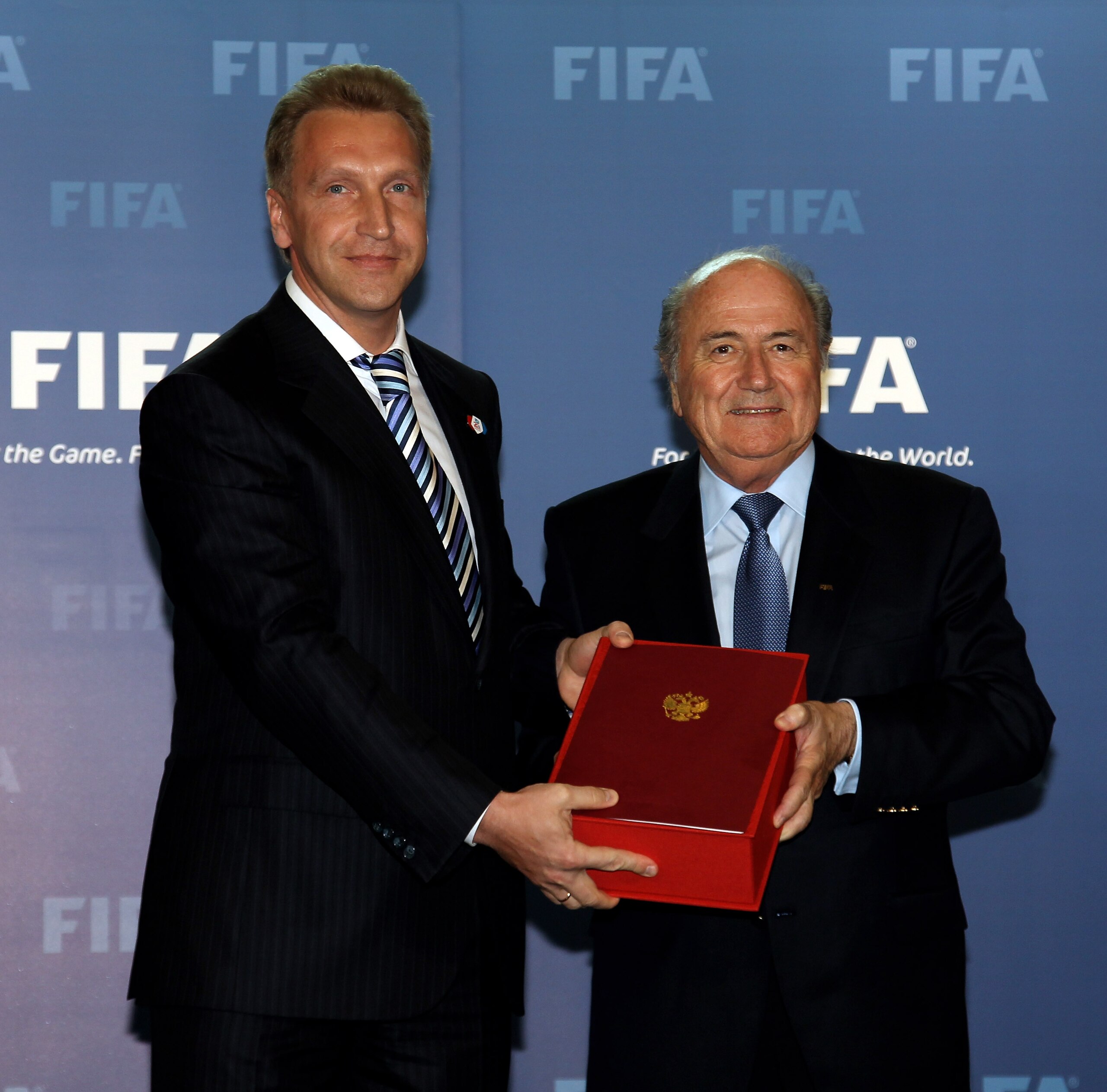 ZURICH, SWITZERLAND - MAY 14:  Igor Shuvalov, Deputy Prime-Minister of Russia presents the Russian Bid Book to Sepp Blatter, FIFA President during the 2018/2022 World Cup Bid Book Handover ceremony at FIFA Headquarters  on May 14, 2010 in Zurich, Switzerl