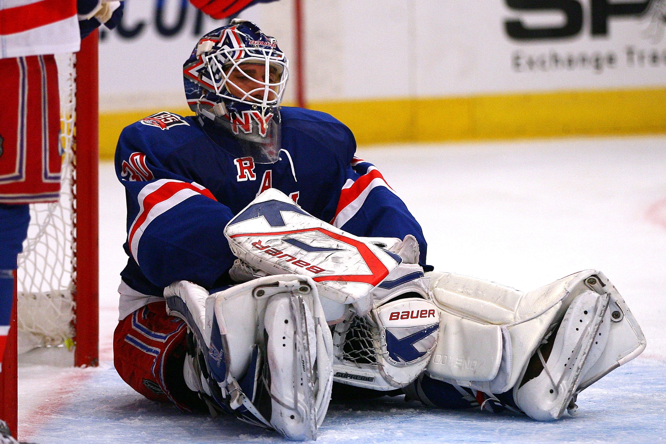 NEW YORK - OCTOBER 29:  Henrik Lundqvist #30 of the New York Rangers sits on the ice after allowing Erik Cole, of the Carolina Hurricanes, to score the game-winning goal in the third period on October 29, 2010 at Madison Square Garden in New York City, Ne
