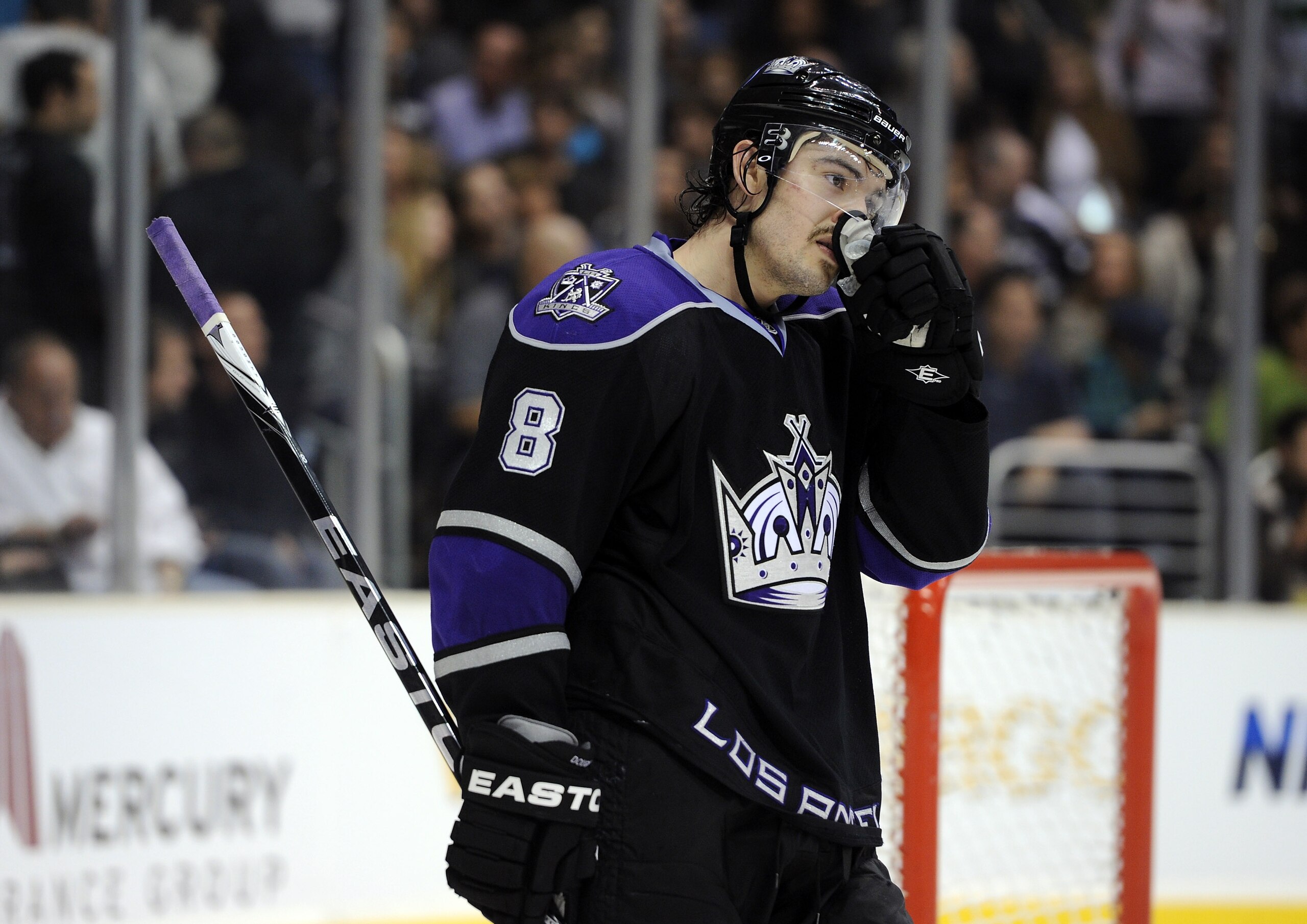 LOS ANGELES, CA - NOVEMBER 17:  Drew Doughty #8 of the Los Angeles Kings reacts to an empty net goal to seal a 5-3 Columbus Blue Jackets win during the third period at the Staples Center on November 17, 2010 in Los Angeles, California.  (Photo by Harry Ho