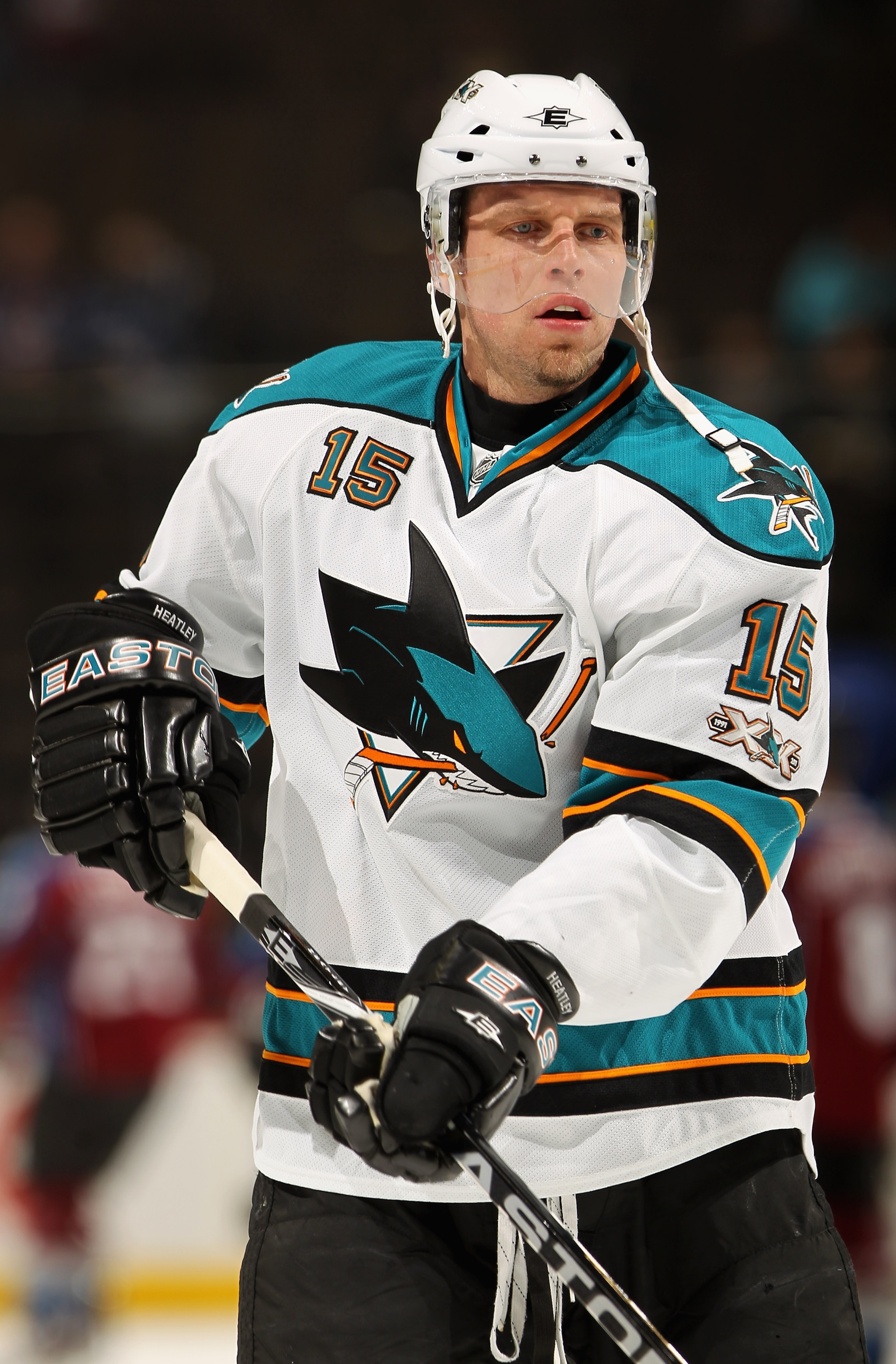 DENVER - NOVEMBER 17:  Dany Heatley #15 of the San Jose Sharks warms up prior to facing the Colorado Avalanche at the Pepsi Center on November 17, 2010 in Denver, Colorado.  (Photo by Doug Pensinger/Getty Images)