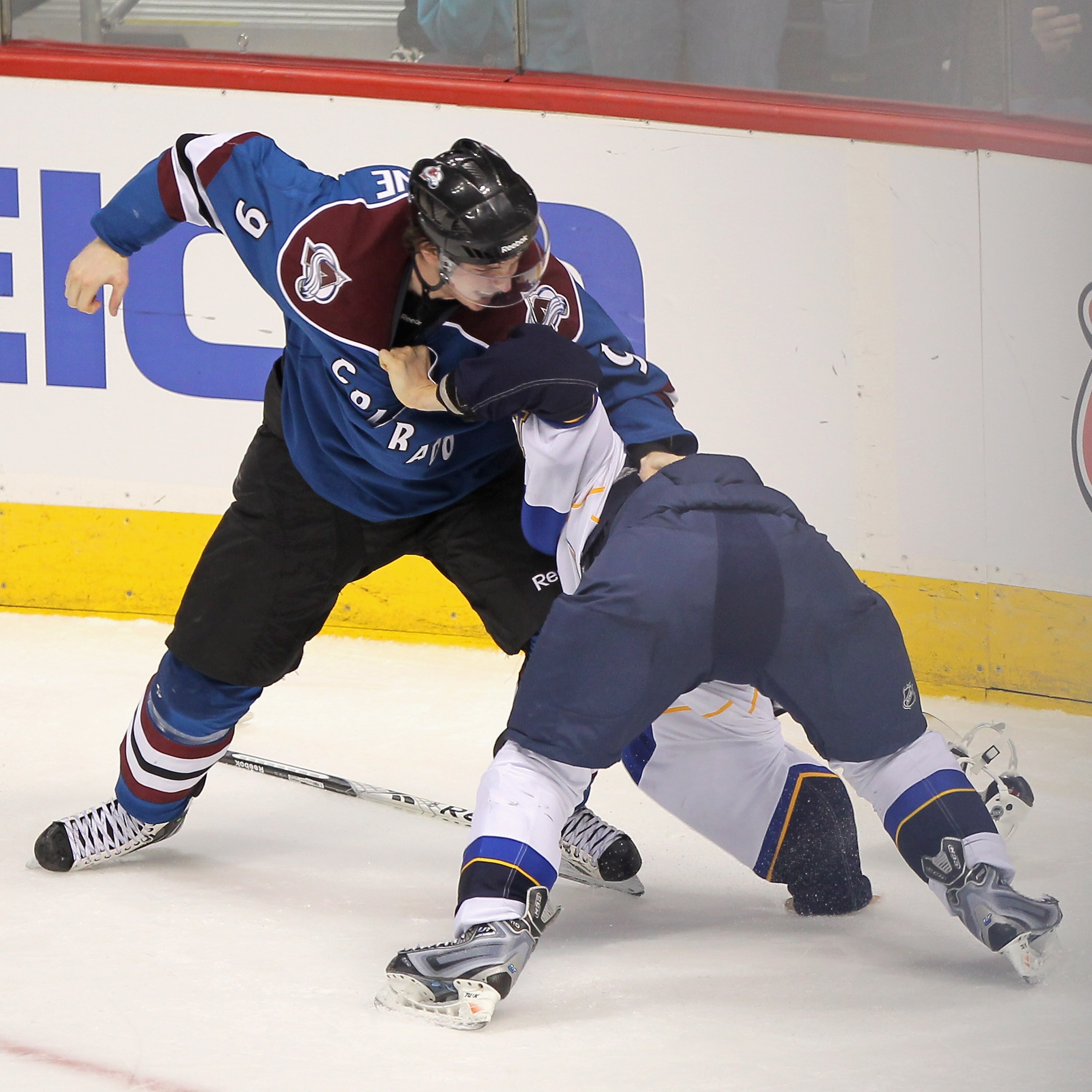 DENVER - NOVEMBER 15:  Matt Duchene #9 of the Colorado Avalanche and Vladimir Sobotka #17 of the St. Louis Blues commence fighting in the third period at the Pepsi Center on November 15, 2010 in Denver, Colorado. Both players received penalties on the pla