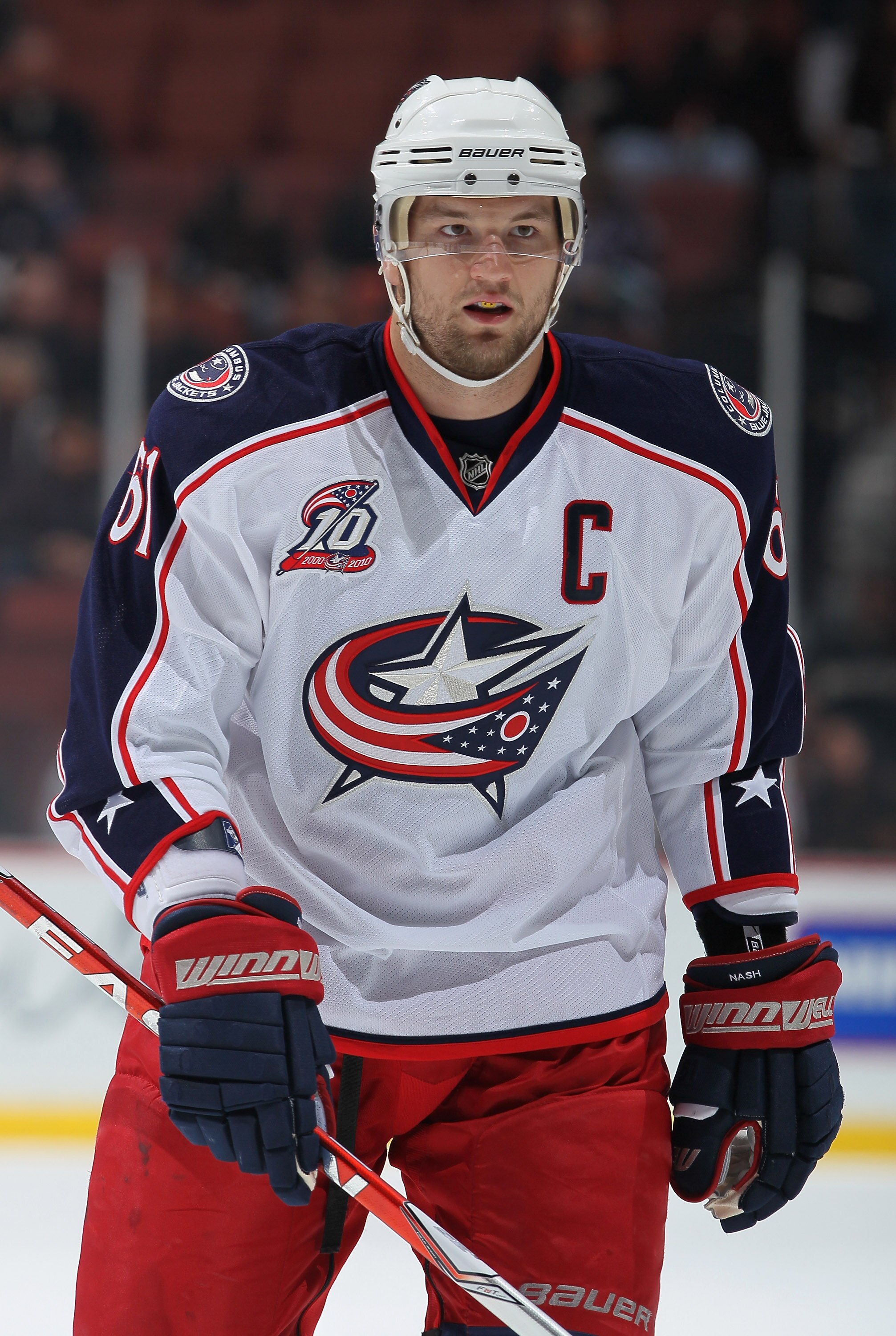 ANAHEIM, CA - NOVEMBER 19:  Rick Nash #61 of the Columbus Blue Jackets looks on against the Anaheim Ducks at the Honda Center on November 19, 2010 in Anaheim, California.  (Photo by Jeff Gross/Getty Images)