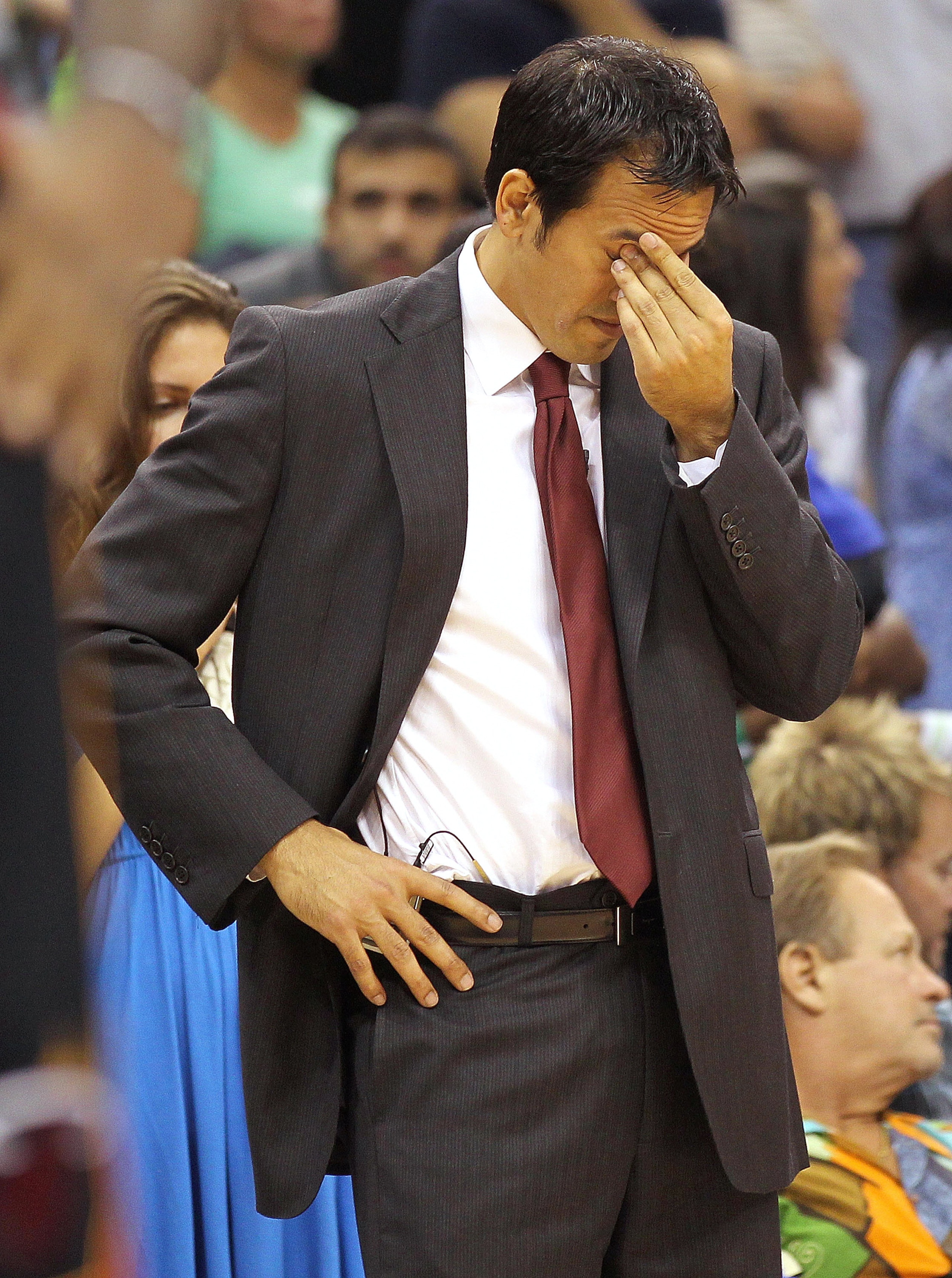 ORLANDO, FL - NOVEMBER 24: Miami Heat head coach Erik Spoelstra reacts during a game against the Orlando Magic at Amway Arena on November 24, 2010 in Orlando, Florida. NOTE TO USER: User expressly acknowledges and agrees that, by downloading and/or using