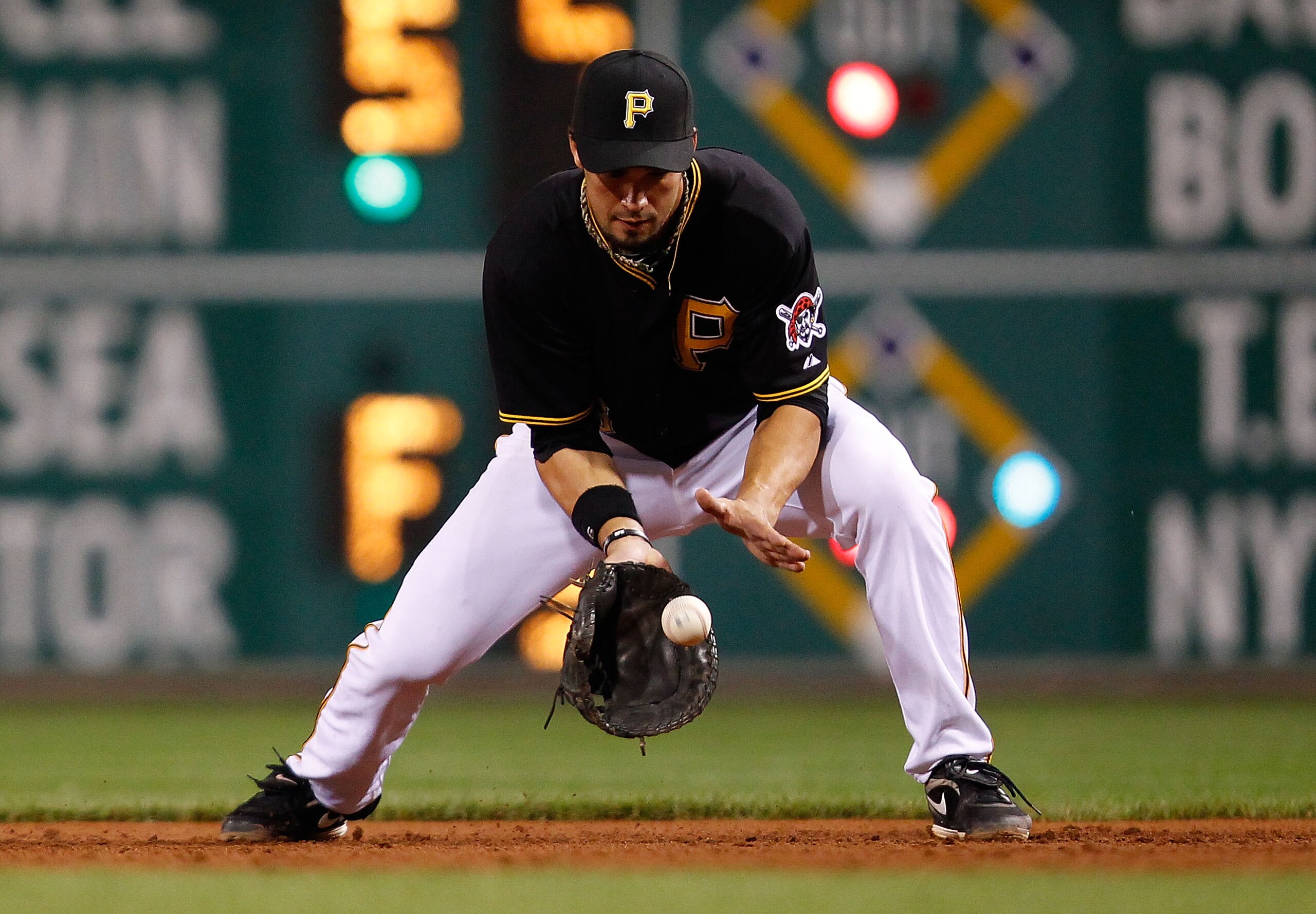 PITTSBURGH - SEPTEMBER 21: Garrett Jones #46 of the Pittsburgh Pirates fields a ground ball during the game against the St Louis Cardinals on September 21, 2010 at PNC Park in Pittsburgh, Pennsylvania. (Photo by Jared Wickerham/Getty Images) PITTSBURGH - SEPTEMBER 21: Garrett Jones #46 of the Pittsburgh Pirates fields a ground ball during the game against the St Louis Cardinals on September 21, 2010 at PNC Park in Pittsburgh, Pennsylvania. (Photo by Jared Wickerham/Getty Images)