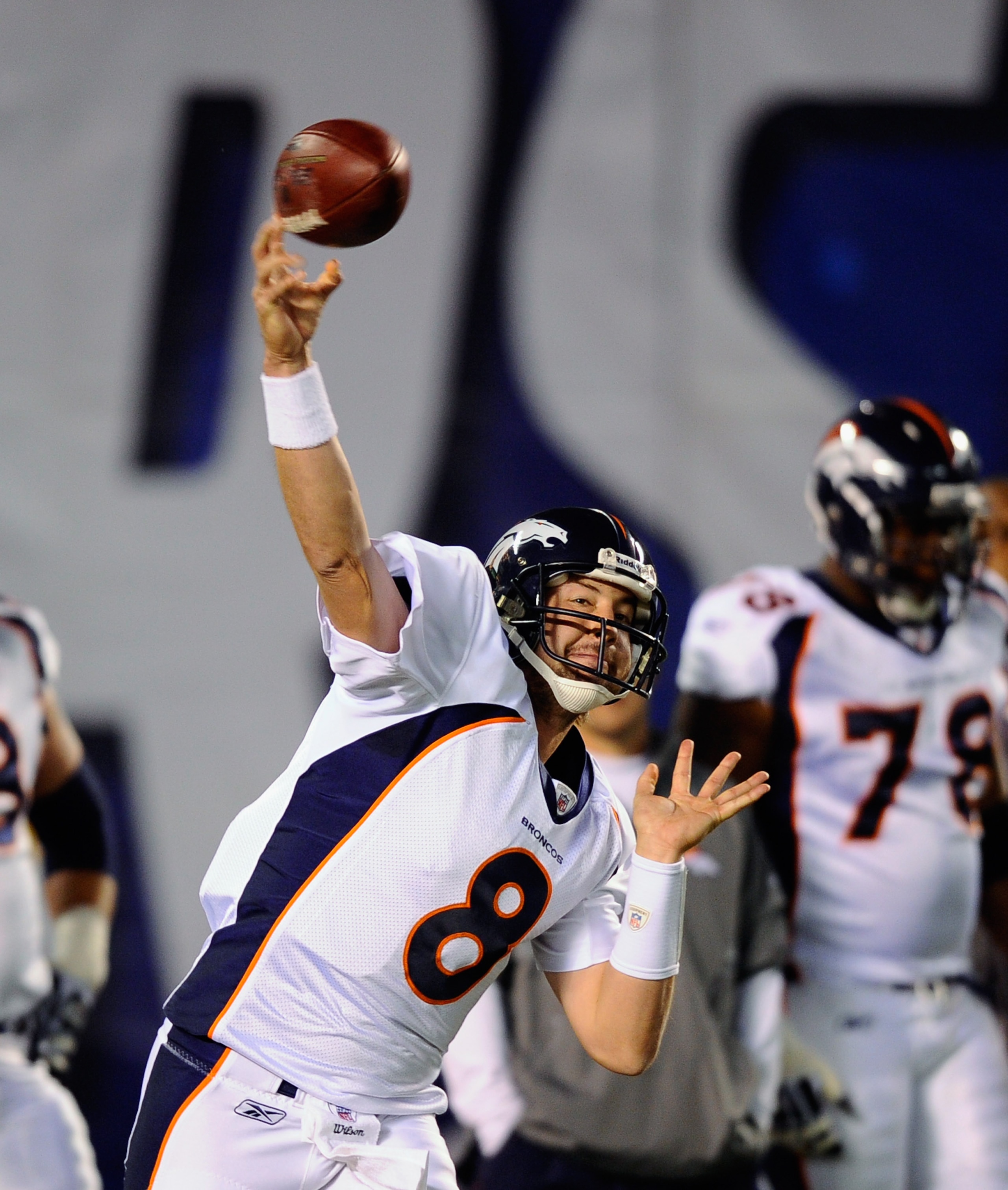 SAN DIEGO - NOVEMBER 22: Quarterback Kyle Orton #8 of the Denver Broncos throws a pass during warm up before the start of the game against San Diego Chargers at Qualcomm Stadium on November 22, 2010 in San Diego, California. Chargers defeated the bronco SAN DIEGO - NOVEMBER 22: Quarterback Kyle Orton #8 of the Denver Broncos throws a pass during warm up before the start of the game against San Diego Chargers at Qualcomm Stadium on November 22, 2010 in San Diego, California. Chargers defeated the bronco