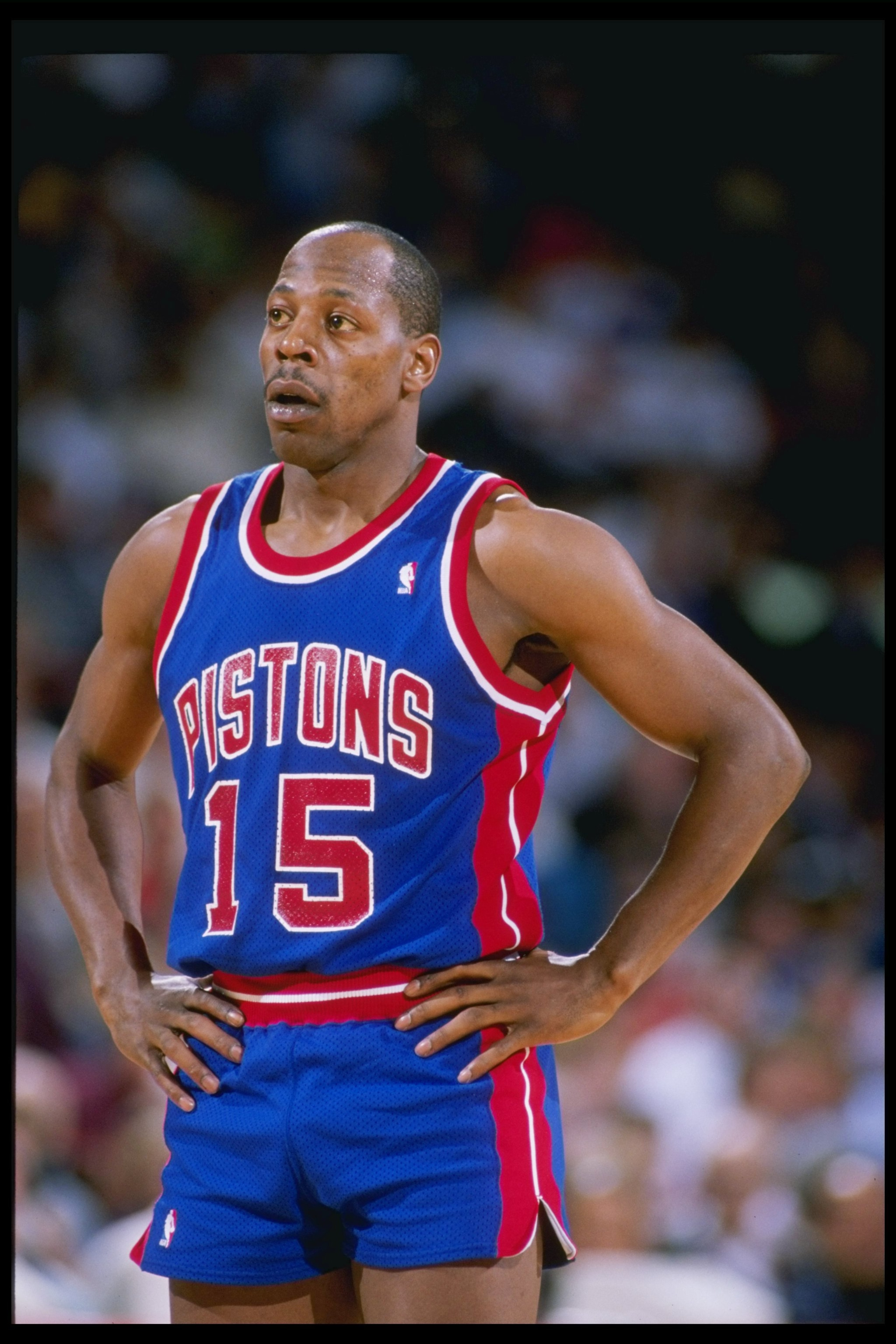 1989:  Guard Vinnie Johnson of the Detroit Pistons relaxes during a game. Mandatory Credit:Tim DeFrisco  /Allsport