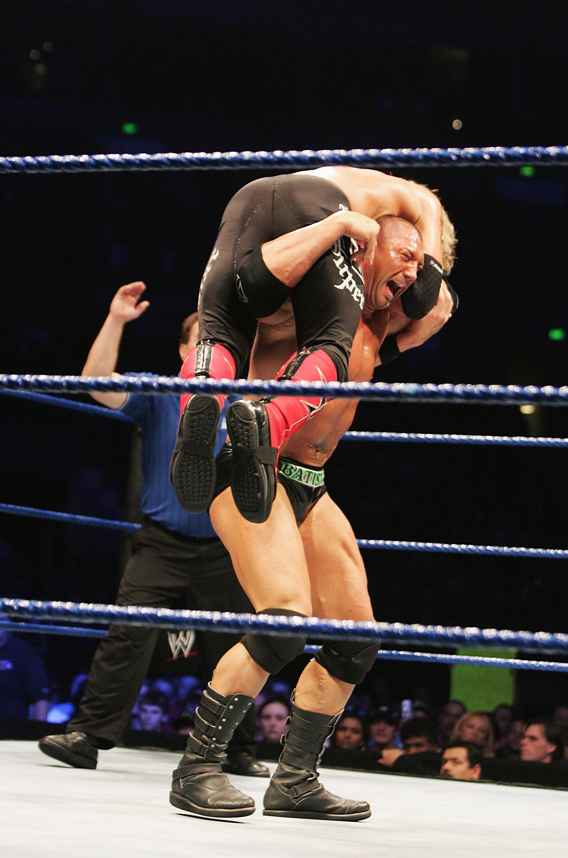 SYDNEY, AUSTRALIA - JUNE 15:  Batista lifts World Heavyweight Champion Edge during WWE Smackdown at Acer Arena on June 15, 2008 in Sydney, Australia.  (Photo by Gaye Gerard/Getty Images)