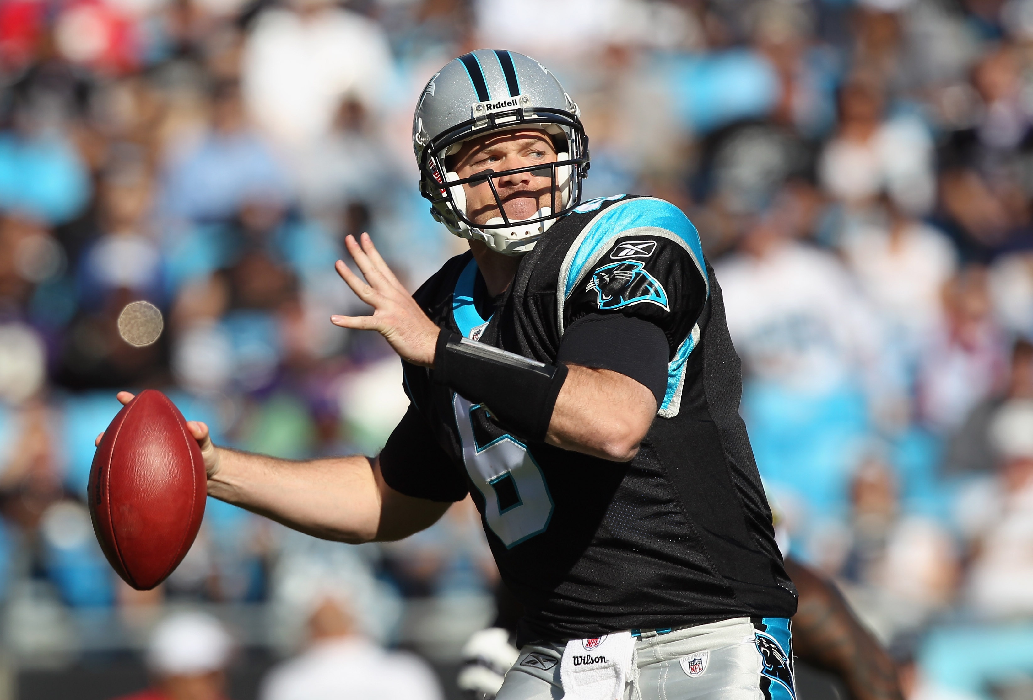 CHARLOTTE, NC - NOVEMBER 21:  Brian St. Pierre #6 of the Carolina Panthers against the Baltimore Ravens at Bank of America Stadium on November 21, 2010 in Charlotte, North Carolina.  (Photo by Streeter Lecka/Getty Images)
