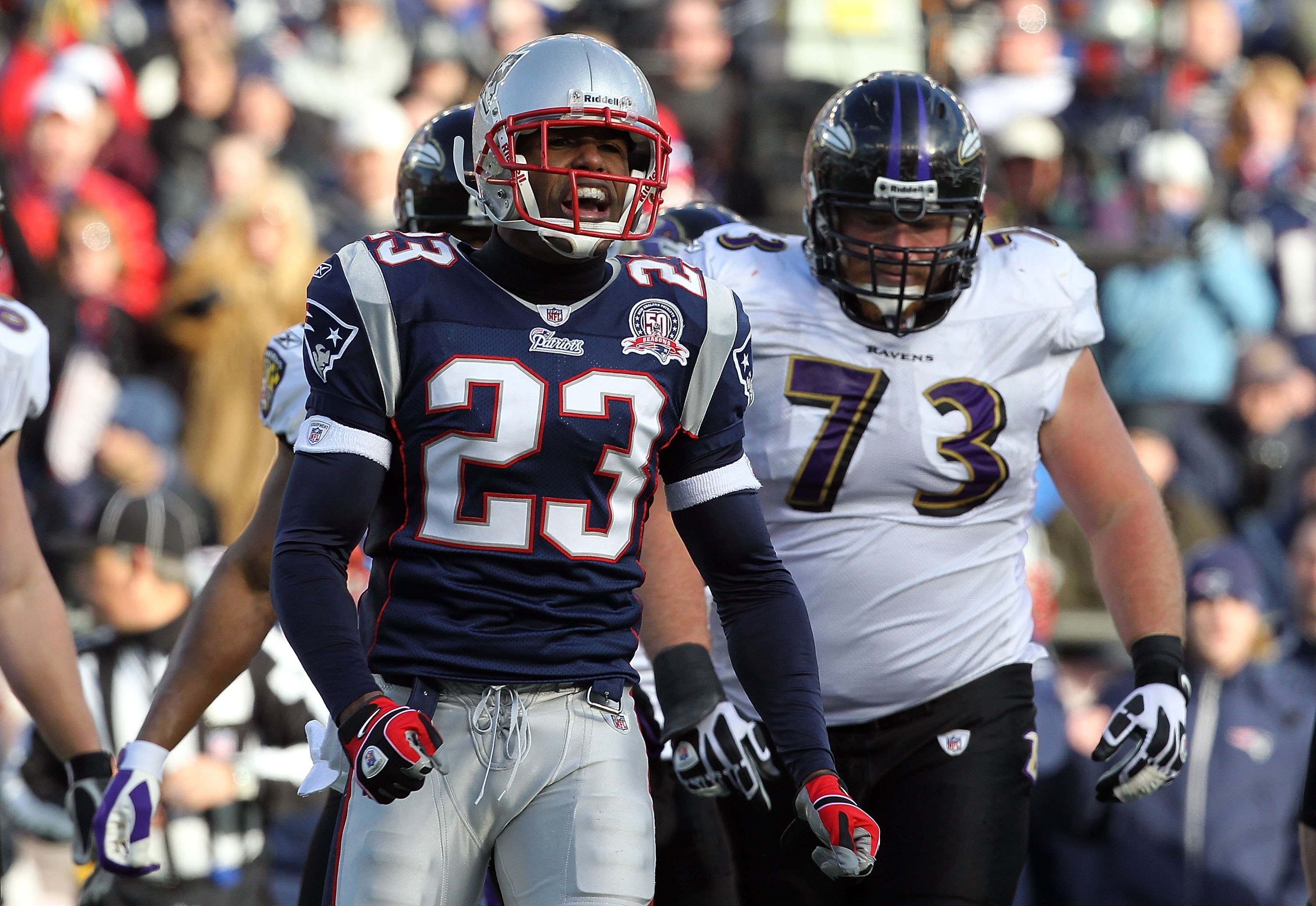 FOXBORO, MA - JANUARY 10:  Leigh Bodden #23 of the New England Patriots reacts against the Baltimore Ravens during the 2010 AFC wild-card playoff game at Gillette Stadium on January 10, 2010 in Foxboro, Massachusetts.  (Photo by Jim Rogash/Getty Images)