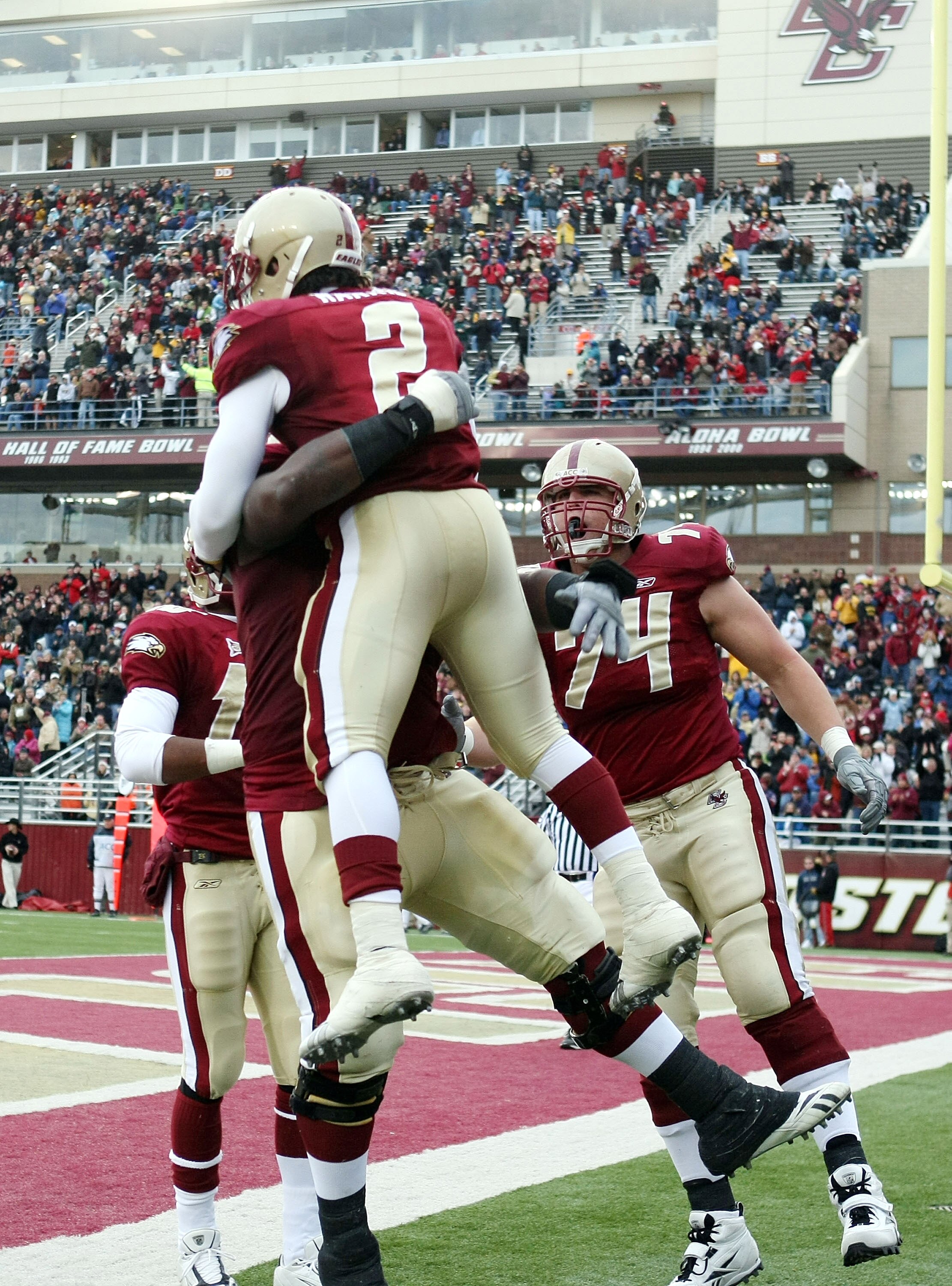 CHESTNUT HILL, MA - OCTOBER 17:  Montel Harris #2 of the Boston College Eagles celebrates his touchdown with Thomas Claiborne #78 and Anthony Castonzo #74 in the first half against the North Carolina State Wolfpack on October 17, 2009 at Alumni Stadium in