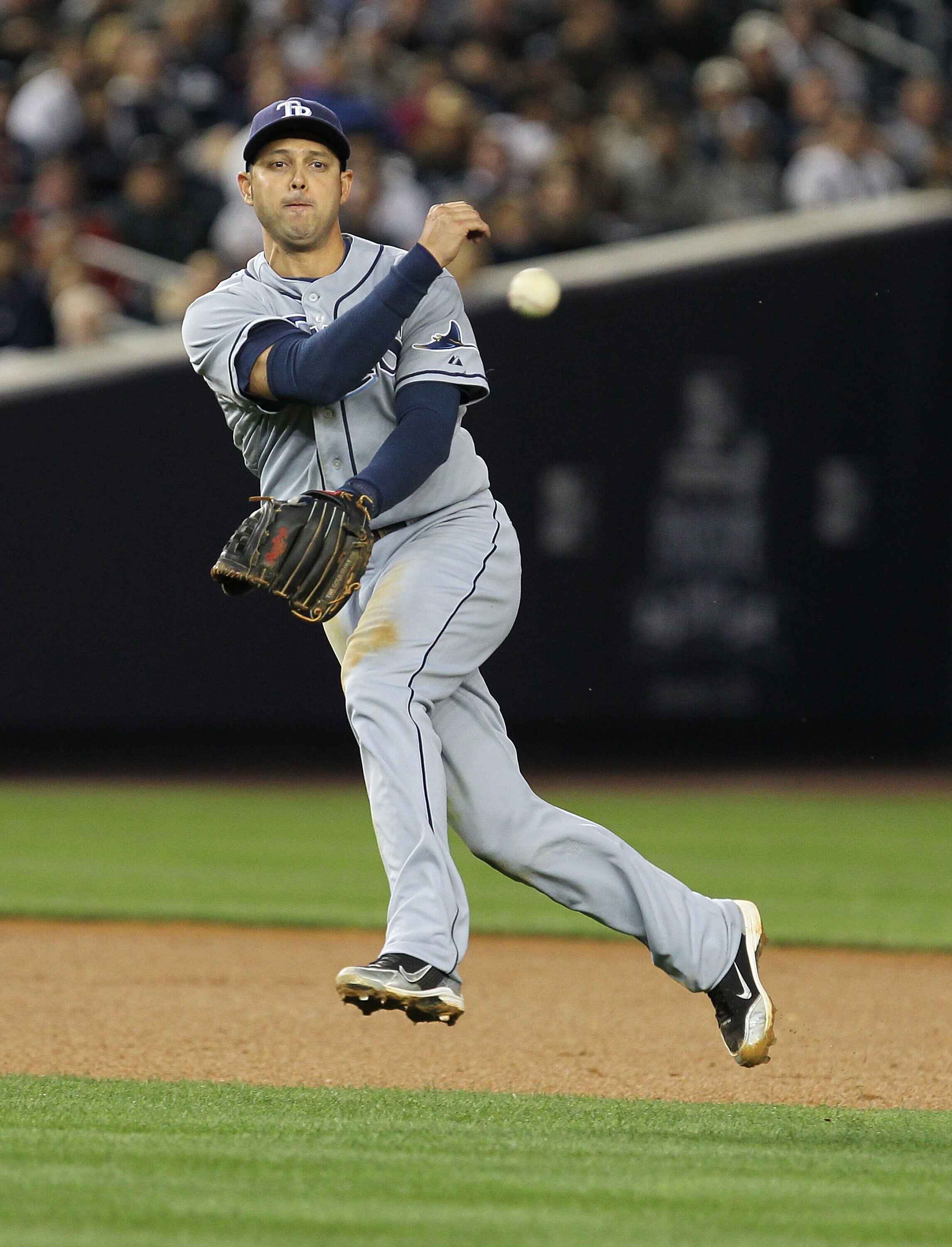 NEW YORK - SEPTEMBER 21:  Jason Bartlett #8 of the Tampa Bay Rays in action against the New York Yankees during their game on September 21, 2010 at Yankee Stadium in the Bronx borough of New York City.  (Photo by Al Bello/Getty Images)
