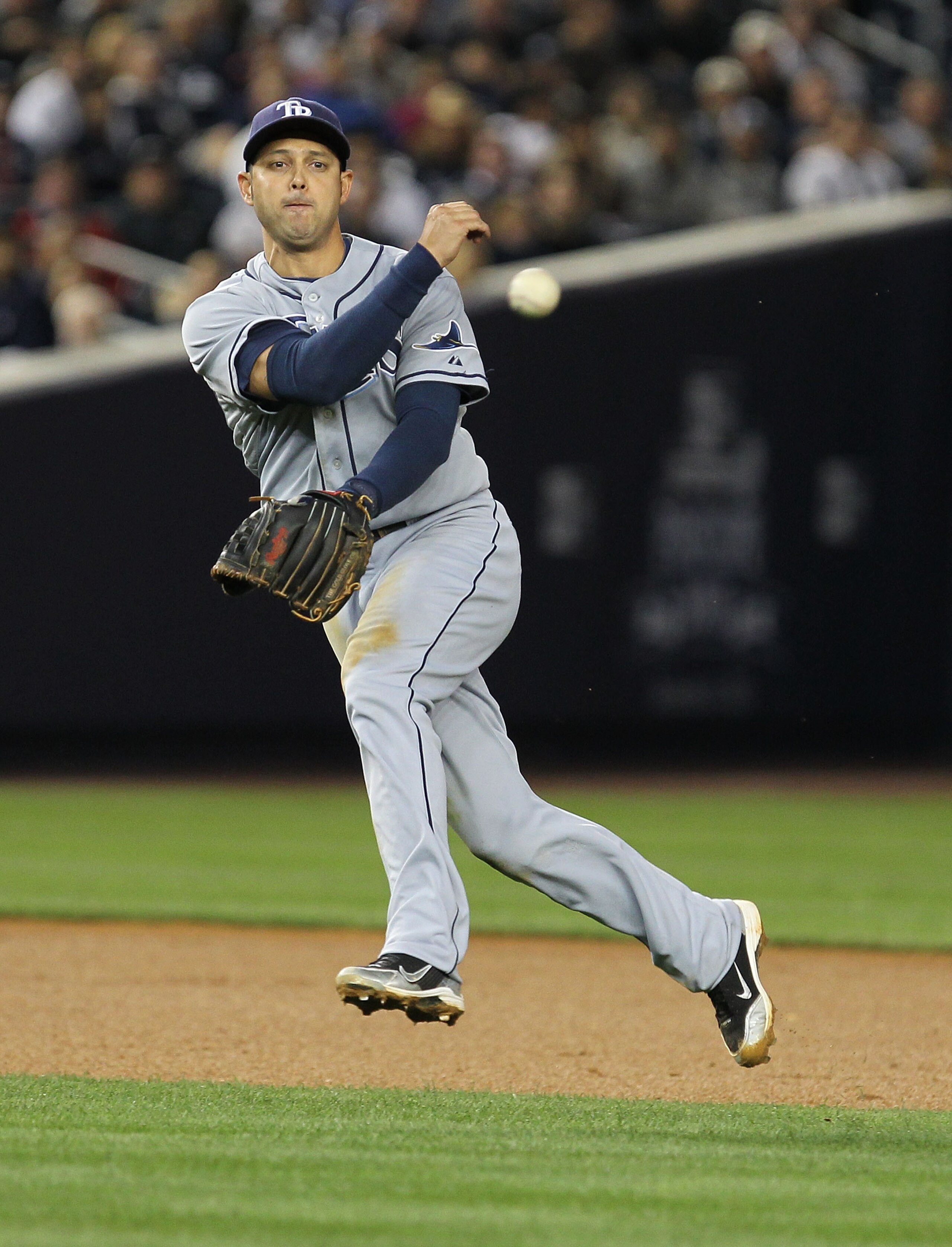 NEW YORK - SEPTEMBER 21:  Jason Bartlett #8 of the Tampa Bay Rays in action against the New York Yankees during their game on September 21, 2010 at Yankee Stadium in the Bronx borough of New York City.  (Photo by Al Bello/Getty Images)