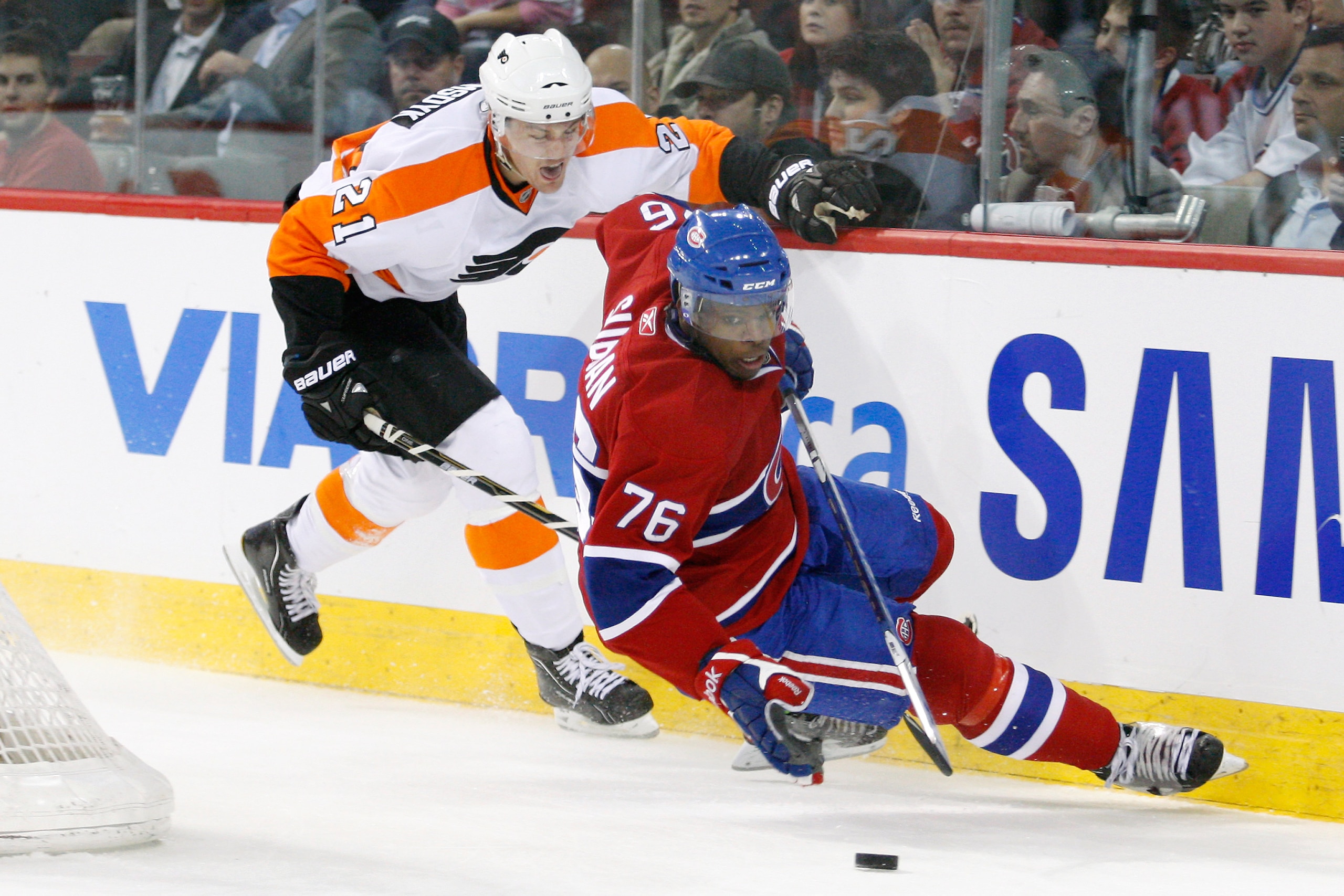 MONTREAL- NOVEMBER 16: P.K. Subban #76 of the Montreal Canadiens falls to the ice chasing the puck while being followed by James van Riemsdyk #21 of the Philadelphia Flyers during the NHL game at the Bell Centre on November 16, 2010 in Montreal, Quebec, MONTREAL- NOVEMBER 16: P.K. Subban #76 of the Montreal Canadiens falls to the ice chasing the puck while being followed by James van Riemsdyk #21 of the Philadelphia Flyers during the NHL game at the Bell Centre on November 16, 2010 in Montreal, Quebec,