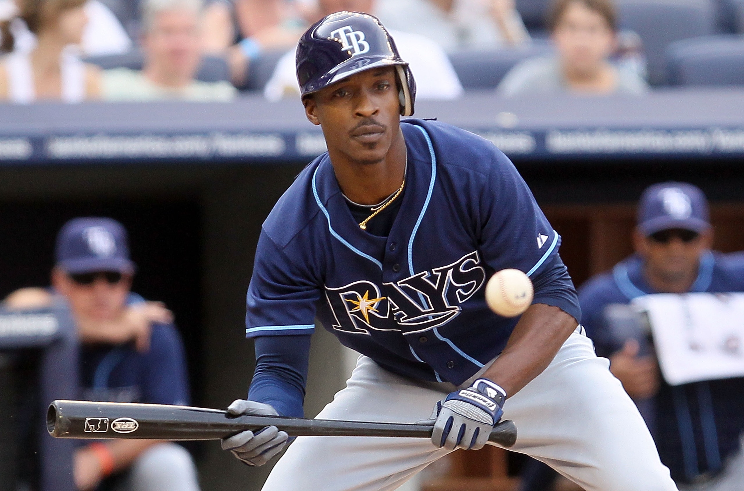 NEW YORK - JULY 17:  B.J. Upton #2 of the Tampa Bay Rays bats against the New York Yankees on July 17, 2010 at Yankee Stadium in the Bronx borough of New York City. The Rays defeated the Yankees 10-5.  (Photo by Jim McIsaac/Getty Images)