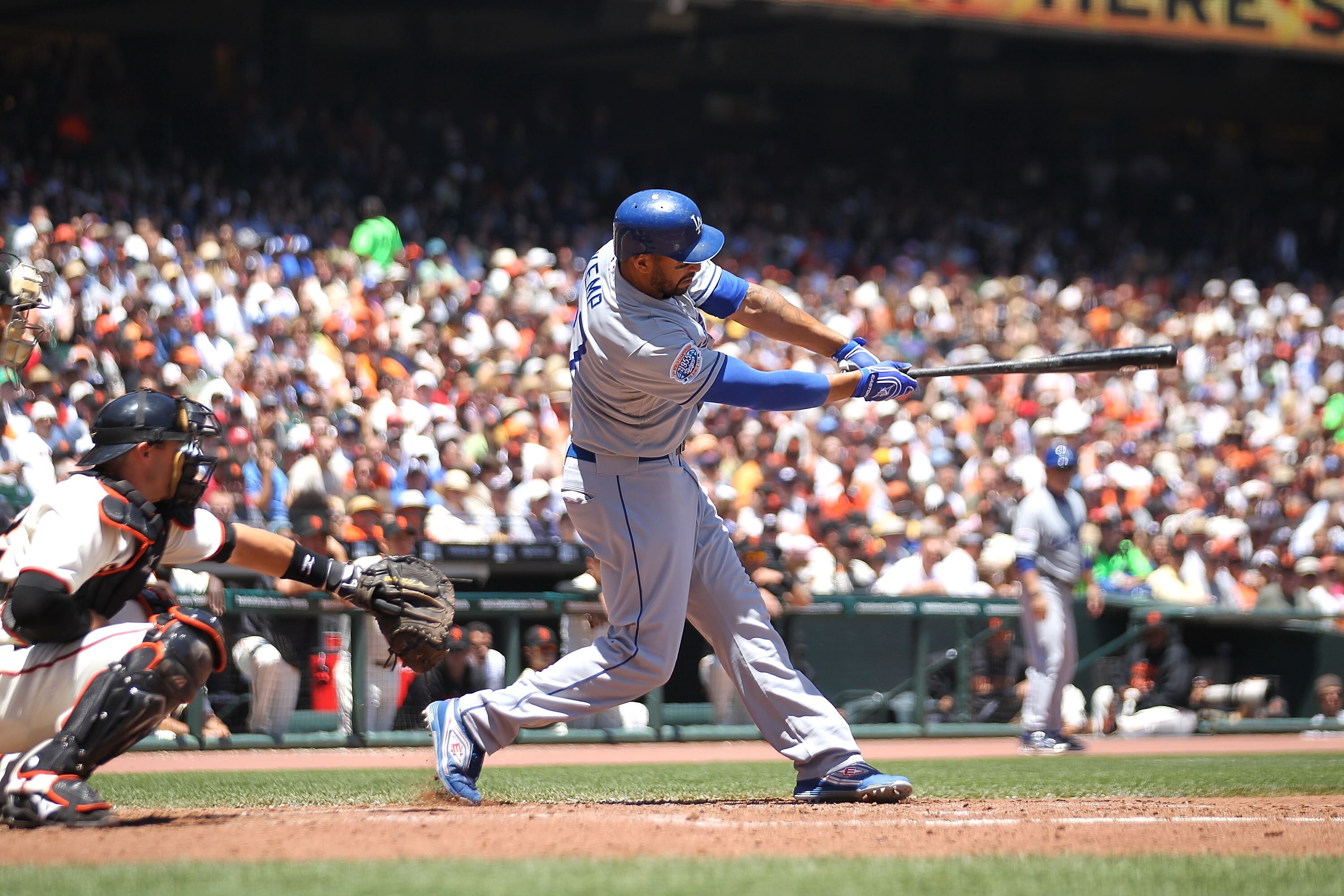SAN FRANCISCO - JUNE 30:  Matt Kemp #27 of the Los Angeles Dodgers hits an RBI single in the third inning against the San Francisco Giants during an MLB game at AT&T Park on June 30, 2010 in San Francisco, California.  (Photo by Jed Jacobsohn/Getty Images