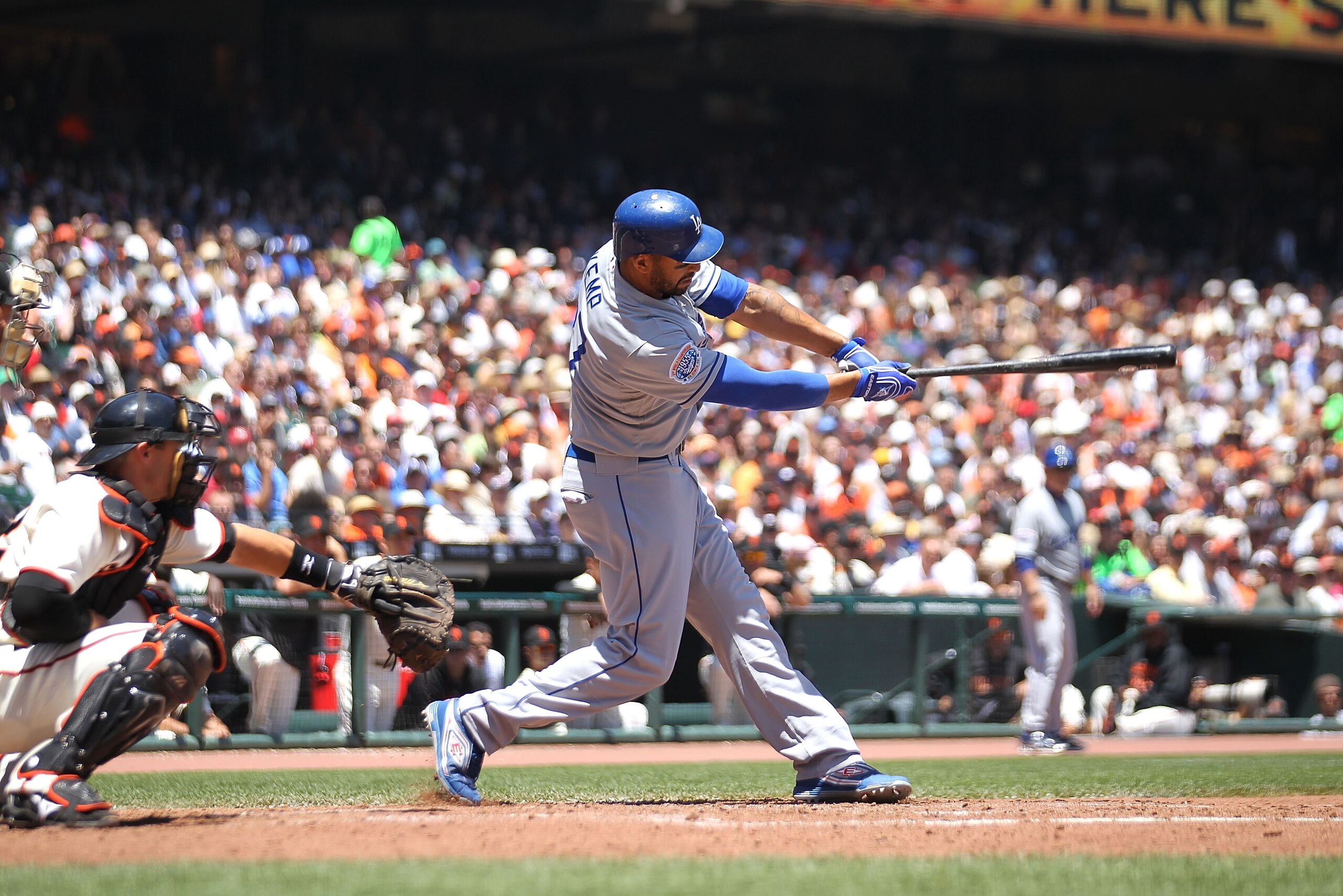 SAN FRANCISCO - JUNE 30:  Matt Kemp #27 of the Los Angeles Dodgers hits an RBI single in the third inning against the San Francisco Giants during an MLB game at AT&T Park on June 30, 2010 in San Francisco, California.  (Photo by Jed Jacobsohn/Getty Images