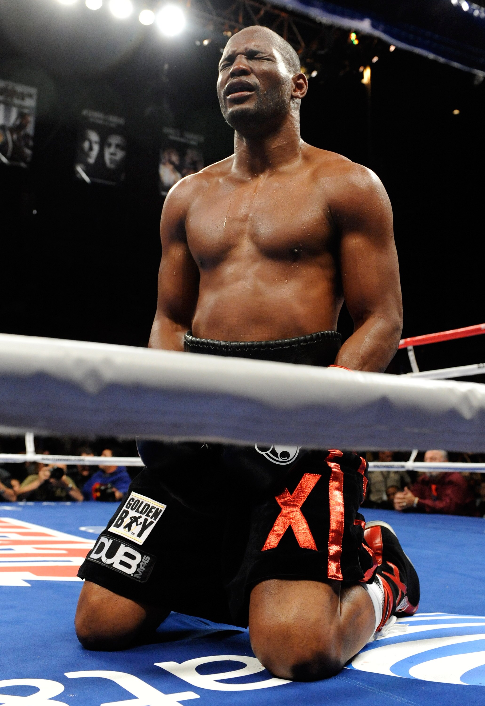 LAS VEGAS - APRIL 03:  Bernard Hopkins tries to get up from an apparent low blow from Roy Jones Jr. during the 10th round of their light heavyweight bout at the Mandalay Bay Events Center April 3, 2010 in Las Vegas, Nevada. Hopkins won by unanimous decisi