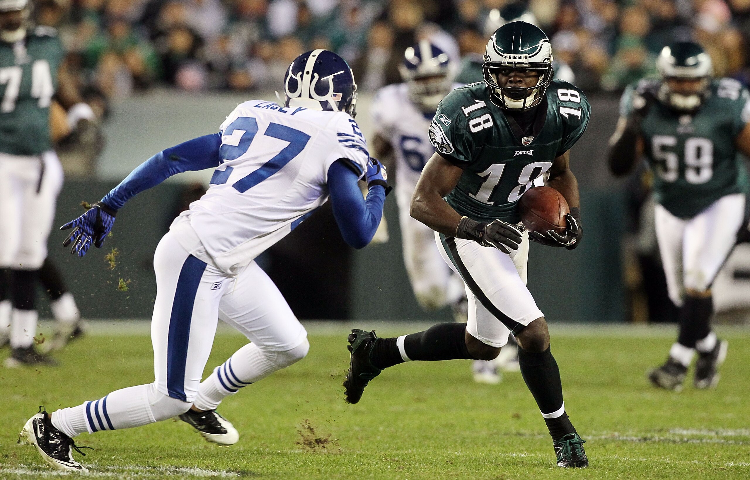 PHILADELPHIA - NOVEMBER 07:  Jeremy Maclin #18 of the Philadelphia Eagles runs the ball against Jacob Lacey #27 of the Indianapolis Colts on November 7, 2010 at Lincoln Financial Field in Philadelphia, Pennsylvania. The Eagles defeated the Colts 26-24.  (