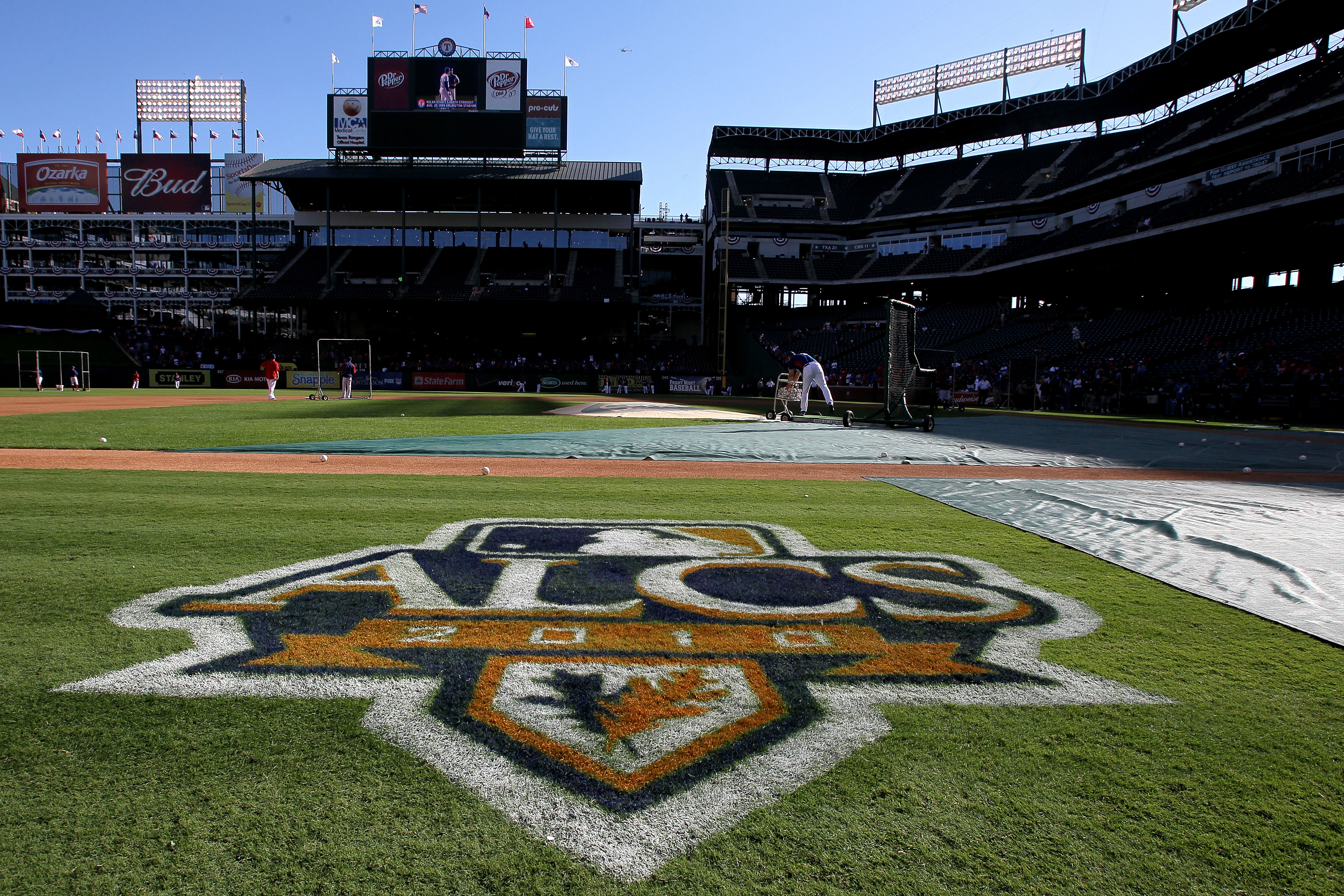 ARLINGTON, TX - OCTOBER 15:  A detail of the ALCS logo is seen on the grass prior to the New York Yankees playing against the Texas Rangers in Game One of the ALCS during the 2010 MLB Playoffs at Rangers Ballpark in Arlington on October 15, 2010 in Arling